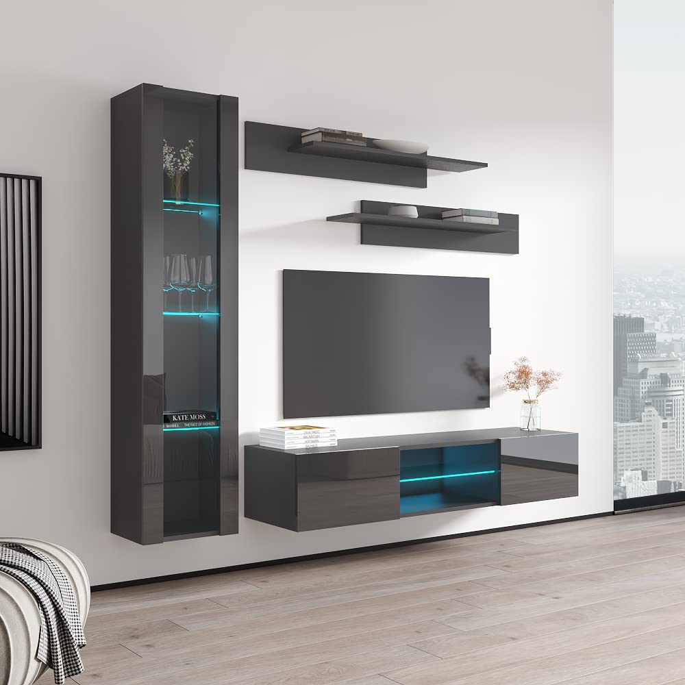 Modern Wall-Mounted TV Stand with Storage & LED Lights - 33
