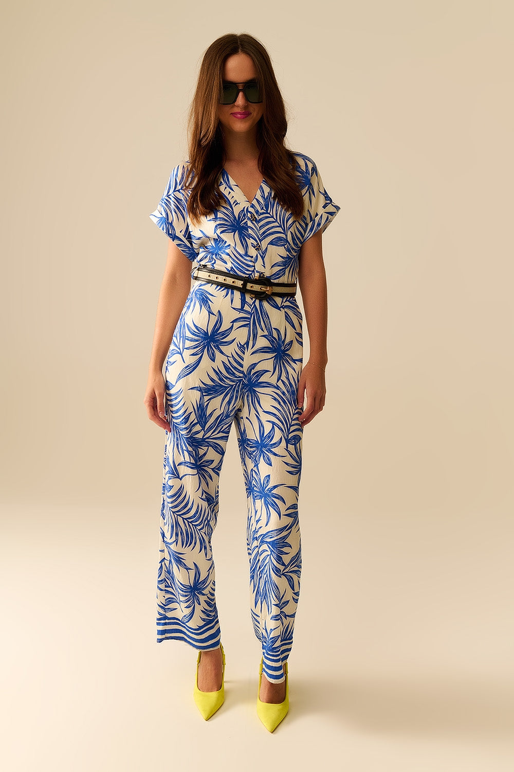 Short Sleeve Tropical Print Blue and White Jumpsuit - Perfect for Beach Vacations, Summer Outings & Casual Wear