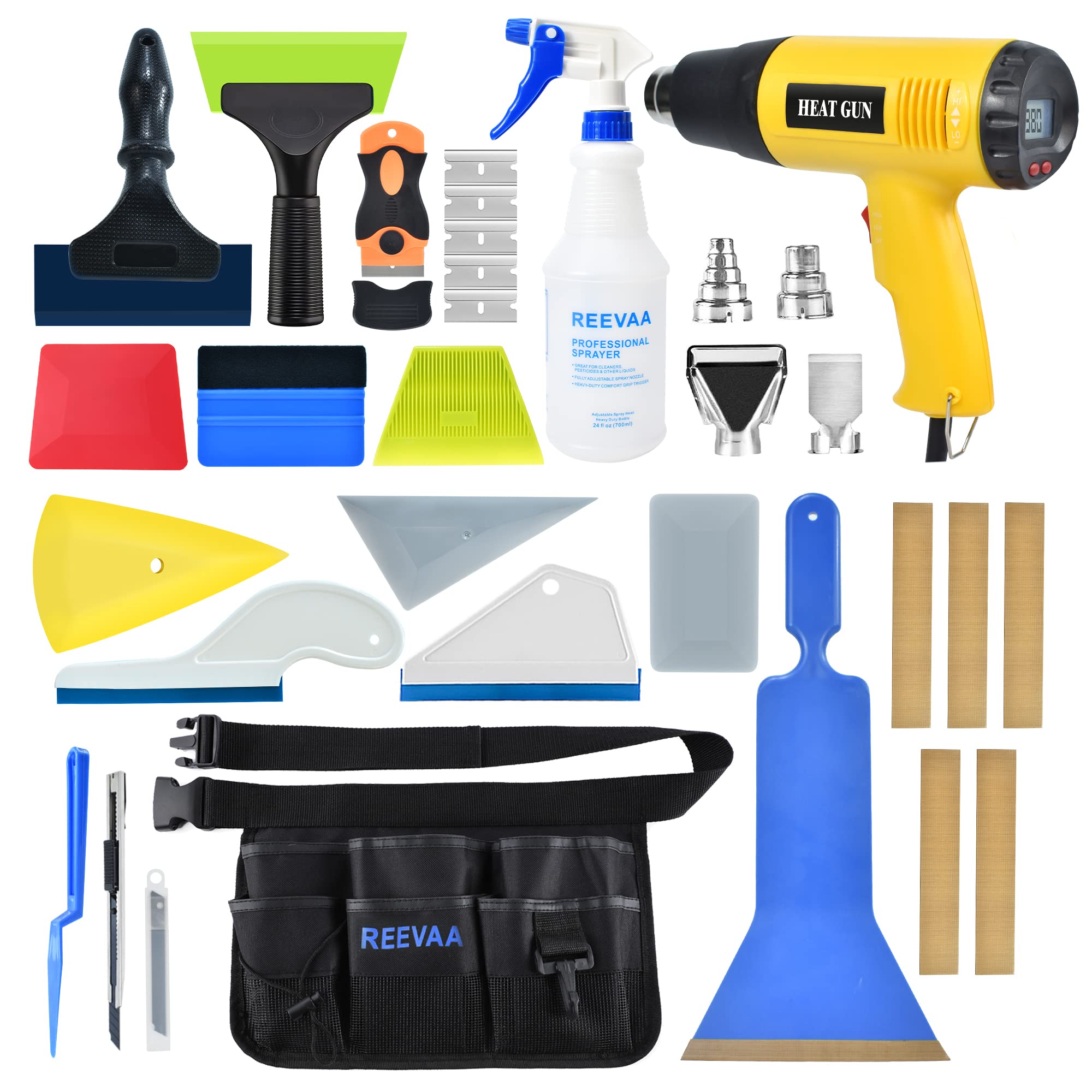 REEVAA Professional Car Window Tint Kit - Complete Auto Tinting Tools Set with Heat Gun, Spray Bottle, Bulldozer & Squeegees for Windshield & Vinyl Wrapping | Perfect for DIY Car Window Tinting & Vehicle Wrap Installation