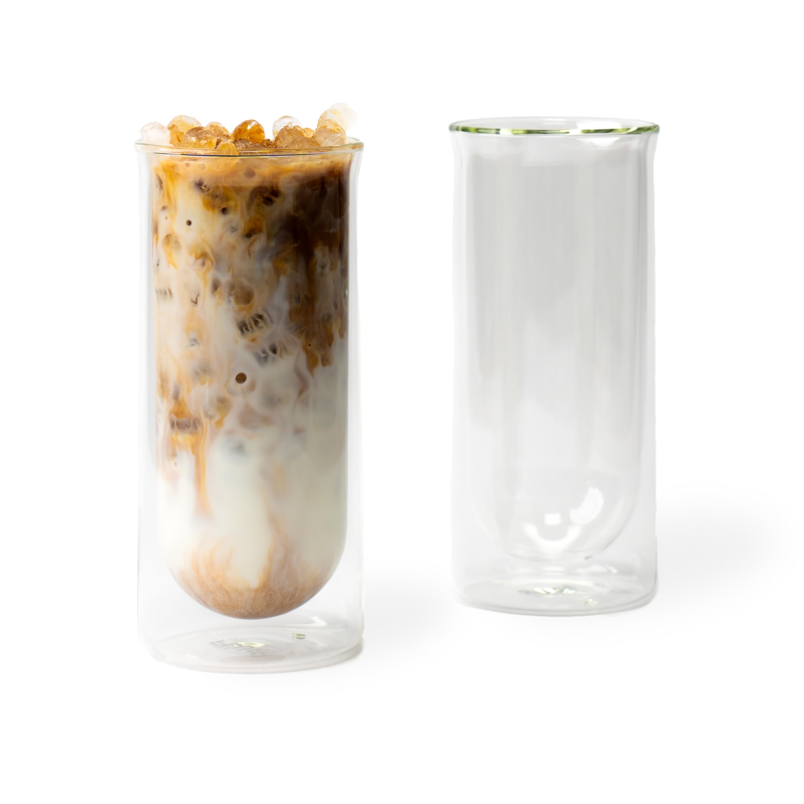 FLUR Iced Coffee Glass Set of 2 - Double-Walled Borosilicate Glasses for Iced Coffee, Cold Brew, Smoothies & Iced Tea - 15.5oz Clear Handmade Glassware - Perfect for Home, Office & Cafe Use