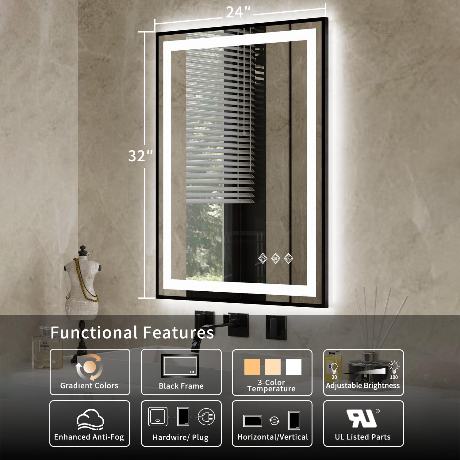 24x32 Inch LED Bathroom Mirror with Gradient Front & Backlit - 3 Color Dimmable, CRI>90, IP54 Anti-Fog, Hanging Plates - Perfect for Vanity, Makeup, and Modern Bathroom Lighting