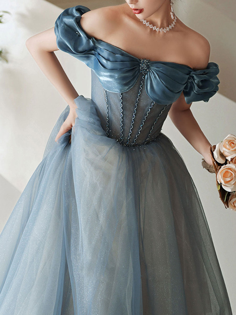 Blue Sweetheart Off Shoulder Tulle Long Prom Dress - Elegant Formal Gown for Homecoming, Wedding, and Special Occasions