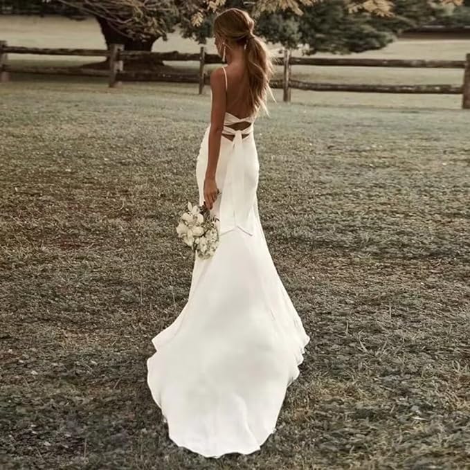 Elegant Boho Wedding Dresses for Women - Spaghetti Strap Mermaid Satin Beach Bridal Gown | Perfect for Beach Weddings, Destination Elopements & Boho-Chic Bridal Looks