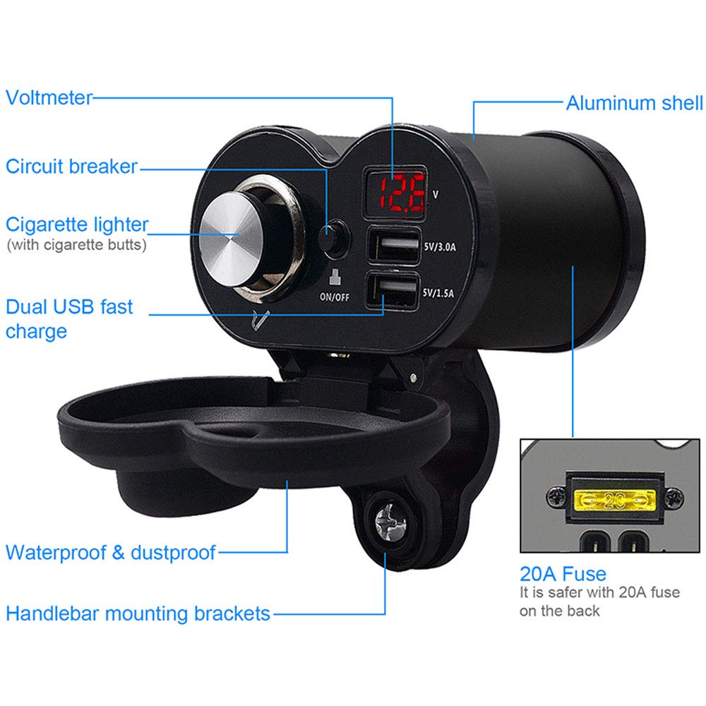 12V/24V Motorcycle USB Charger with QC 3.0 Fast Charging, Dual USB Ports & LED Voltmeter - Waterproof Black Cigarette Lighter Socket for Phone & Devices - Perfect for Long Rides, Road Trips & Outdoor Adventures
