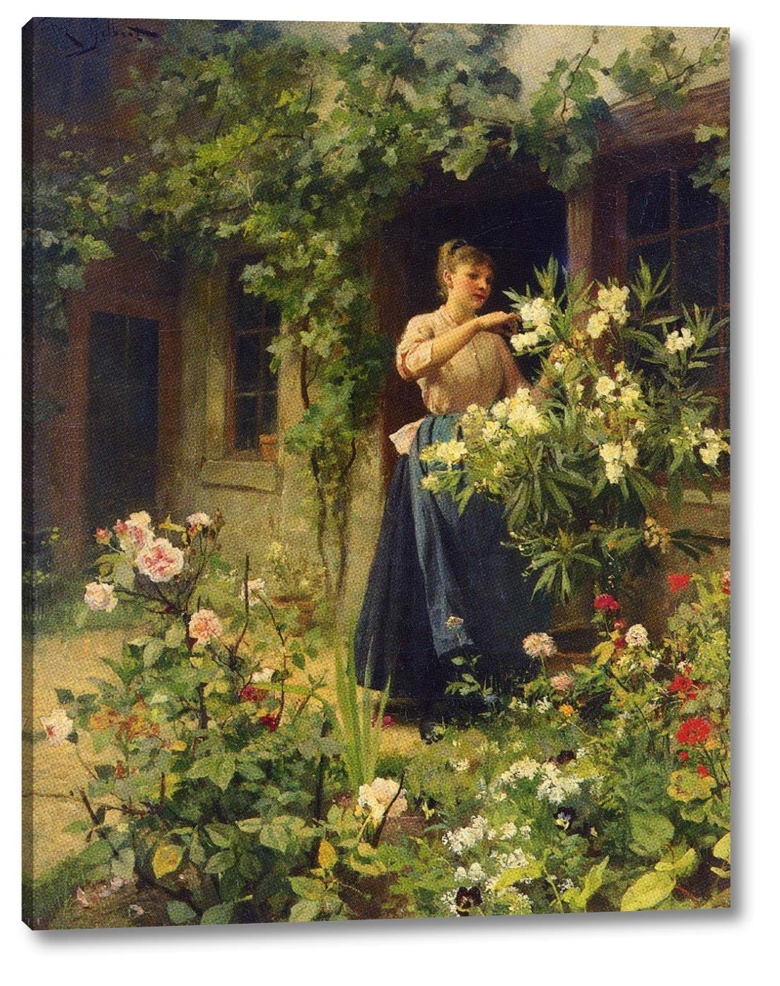 Gardening by Victor Gabriel Gilbert - 13x16 Inch Framed Canvas Wall Art Print - Ready to Hang - Perfect for Living Room, Bedroom & Office Decor
