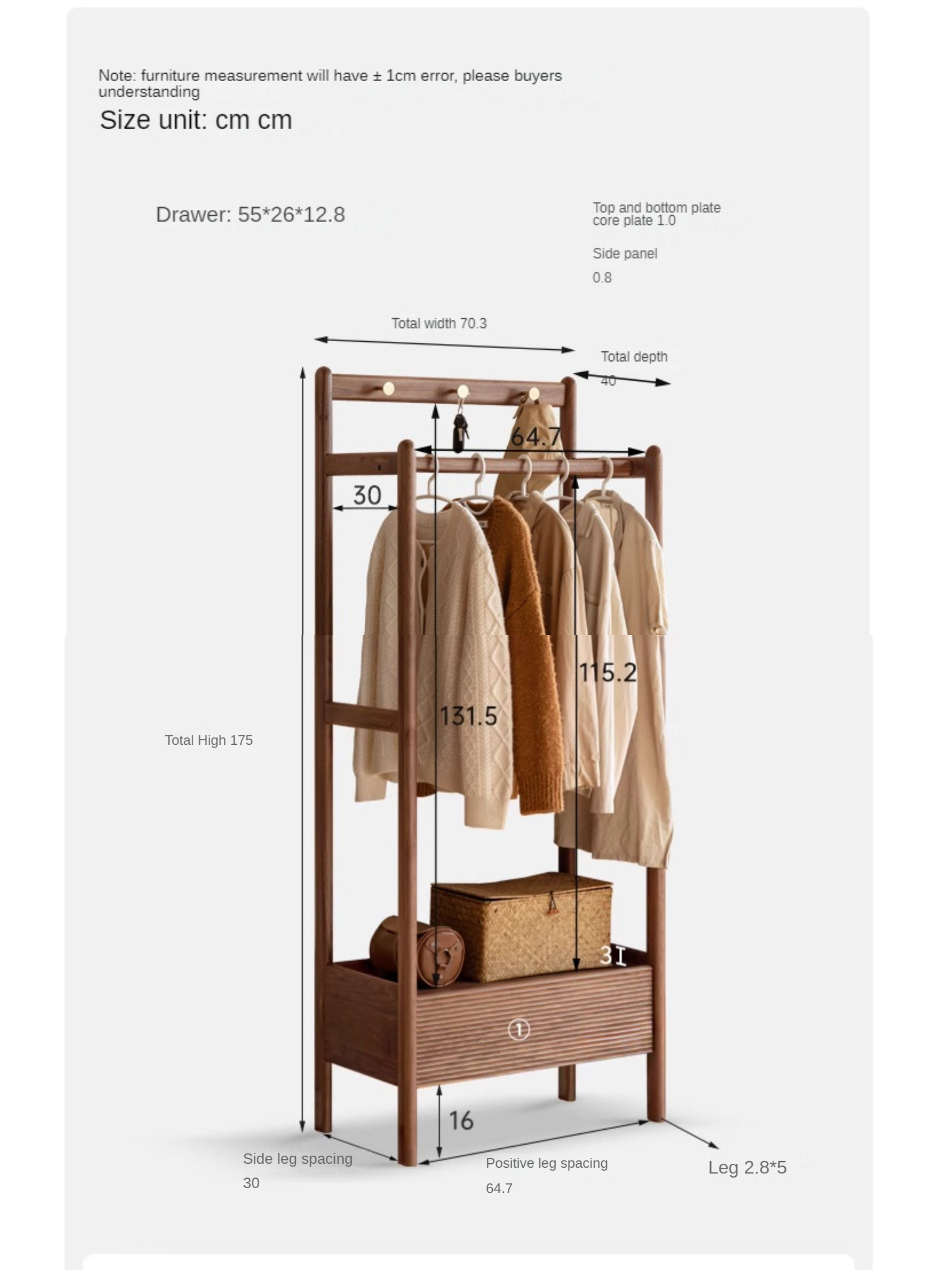 Premium Black Walnut & Oak Solid Wood Floor-to-Ceiling Clothes Storage Rack - Heavy-Duty Garment Organizer for Bedroom, Closet, or Entryway