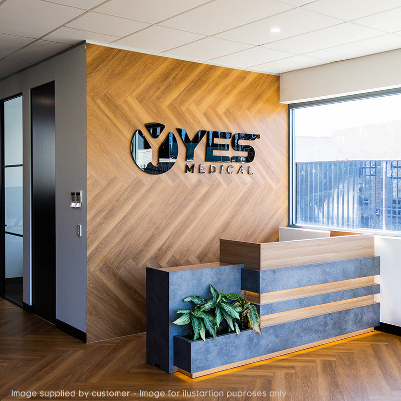KERAN 1.8M Left Panel Reception Desk - Acacia Wood & Carbon Grey Finish - Perfect for Office Lobby, Hotel Front Desk & Corporate Reception Areas