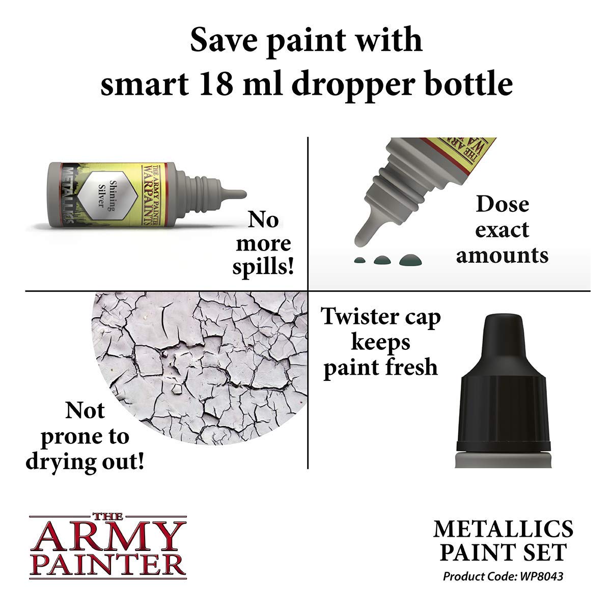 The Army Painter Metallic Paint Set - 8 Vibrant Metallic Acrylic Paints (18ml Dropper Bottles) for Miniature Painting, Warhammer, D&D Models & Tabletop Gaming - Includes Shining Gold Paint for Fantasy & Sci-Fi Miniatures