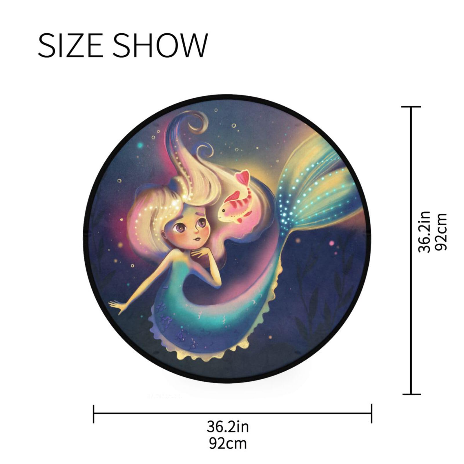 Cute Mermaid Magic Fish Area Rug - 3 ft Round Washable Non-Slip Carpet for Bedroom, Living Room, Bathroom & Kitchen | Ocean Sea World Themed Floor Mat for Kids Room, Dorm Decor & Beach House Style
