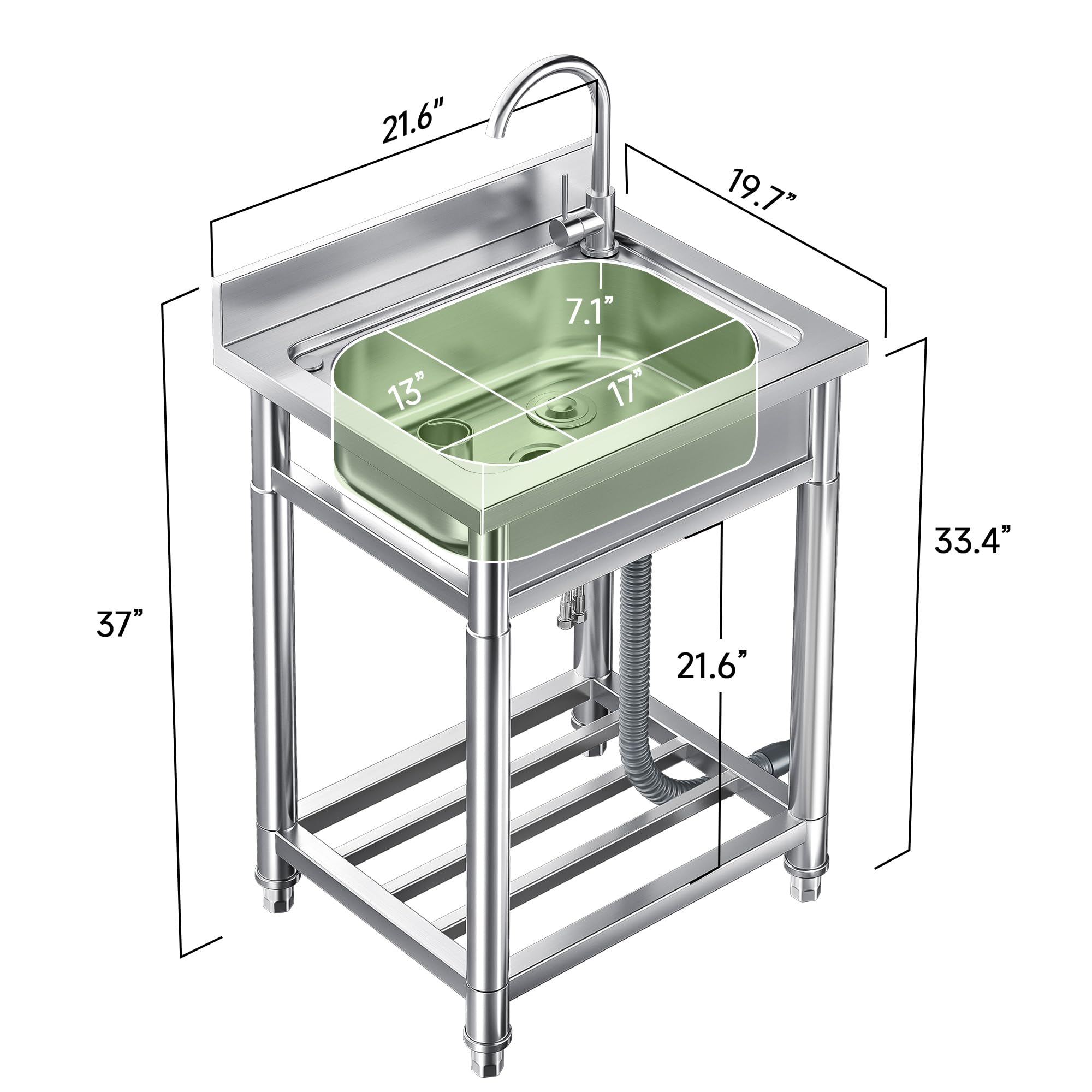 Stainless Steel Utility Sink - Free Standing Single Bowl Kitchen Sink with Hot & Cold Water Pipes | Portable Laundry Sink with Storage Shelf | Indoor & Outdoor Use (21.6 Inch) | Perfect for Basements, Garages, RV Camping & Backyard Washing