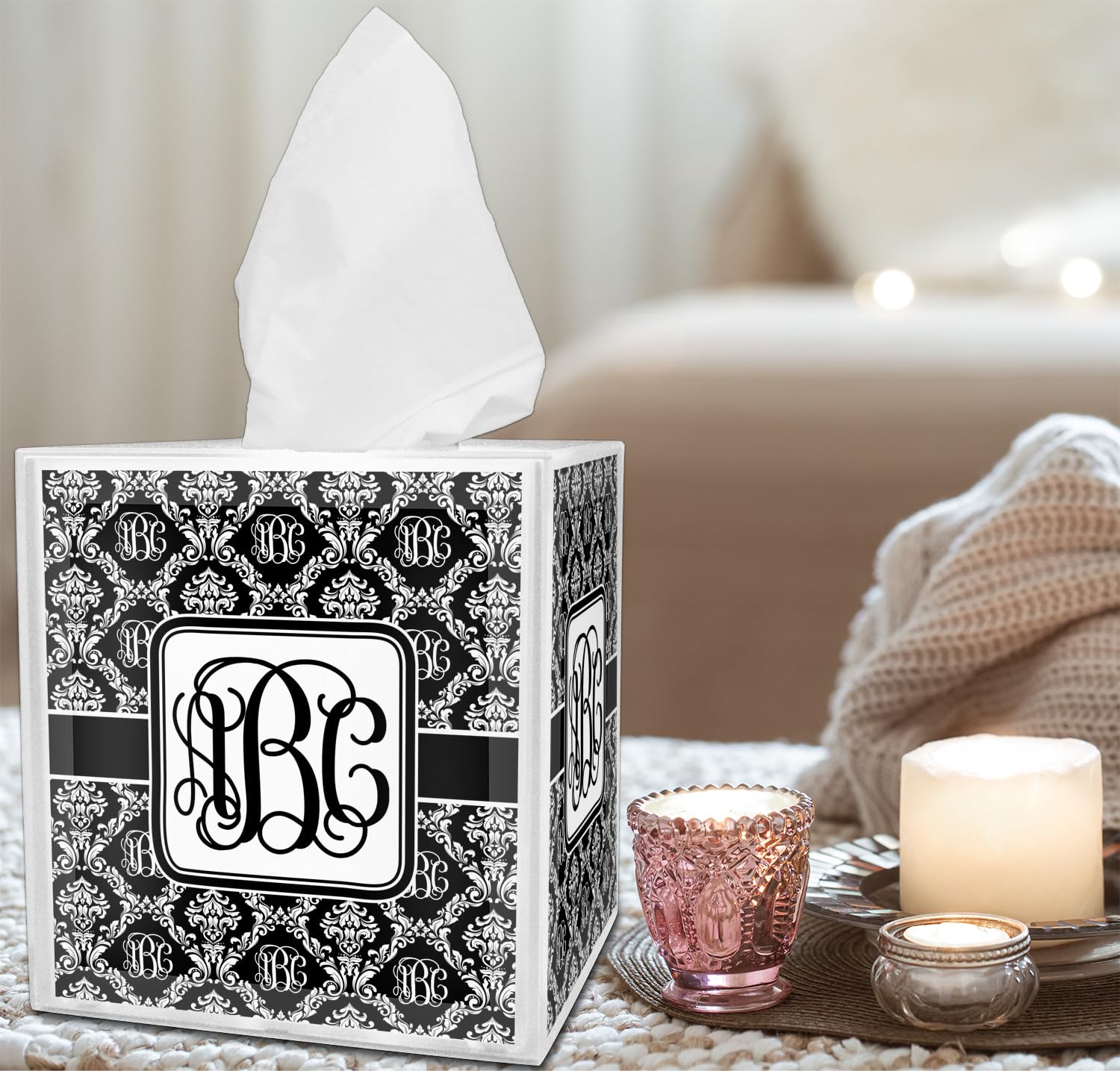 Personalized Monogrammed Damask Tissue Box Cover - Elegant Home Decor for Living Room, Bedroom & Bathroom - Customizable Tissue Holder for Stylish Home Organization