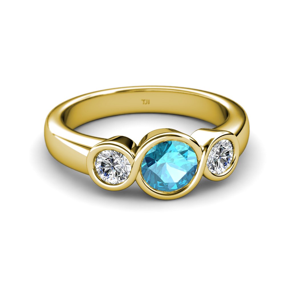 London Blue Topaz & Diamond (SI2, G) Infinity Three Stone Ring - 1.95ct tw in 14K Yellow Gold - Elegant Engagement, Anniversary & Wedding Jewelry Gift for Her