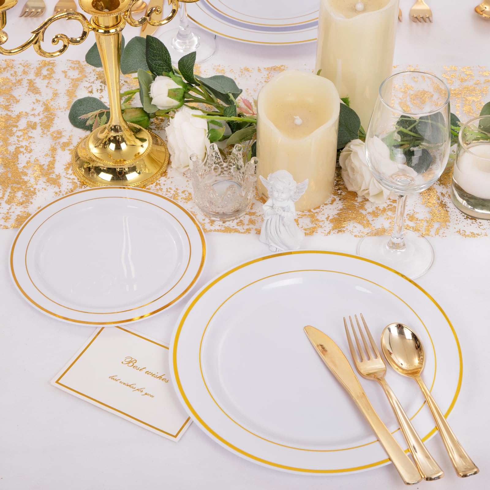 DaYammi 250-Piece Gold Plastic Dinnerware Set - 50 Gold Rim Dinner Plates, 50 Salad Plates, 50 Plastic Silverware Sets - Elegant Disposable Tableware for Weddings, Parties, Banquets & Special Events