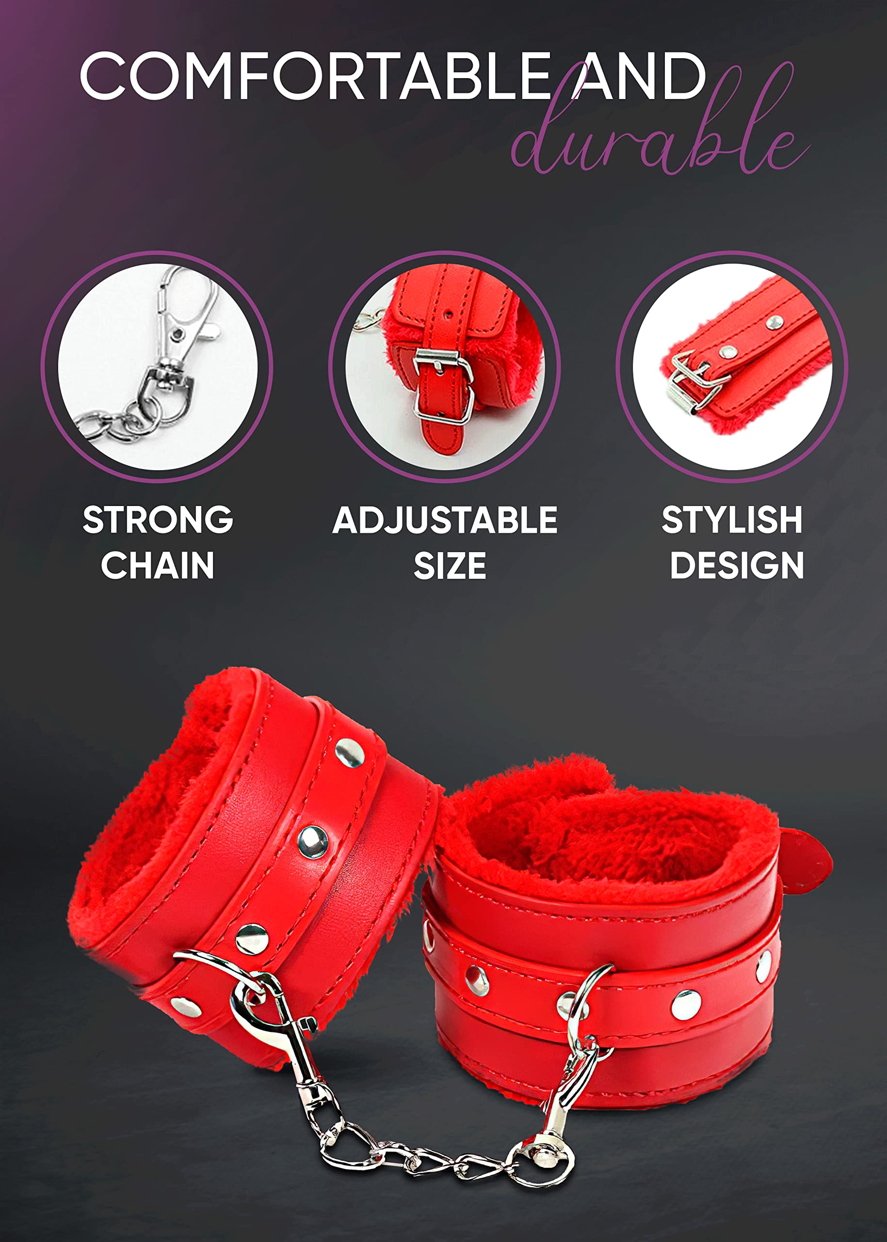 Soft Fluffy Handcuffs for Couples - Adjustable Red Fuzzy Hand Restraints with Chain - Perfect for BDSM, Role Play & Spicing Up Your Intimate Moments