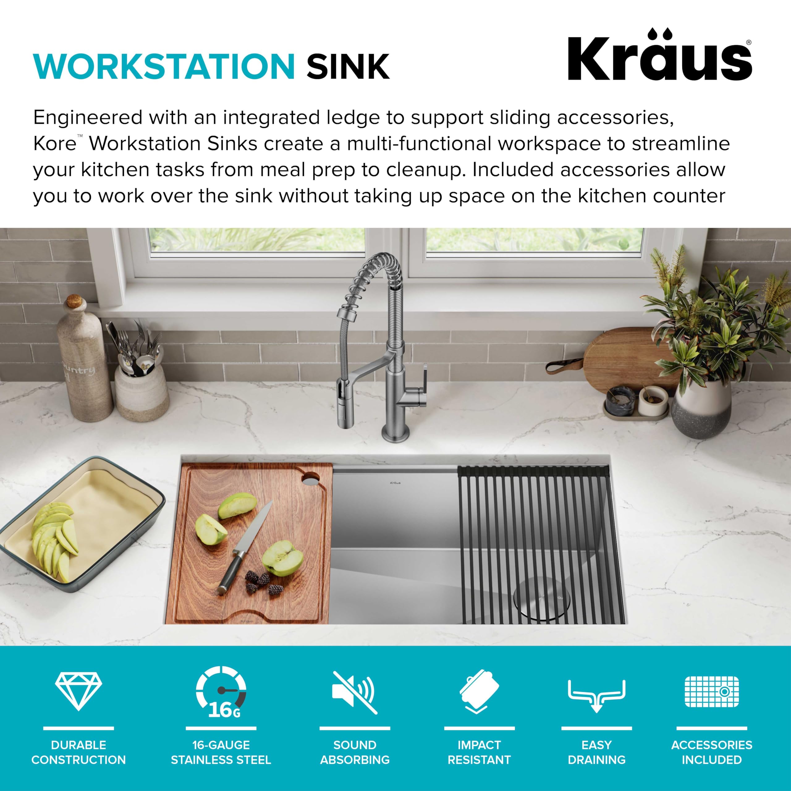 KRAUS Kore 36-Inch Undermount Workstation Single Bowl Kitchen Sink - 16 Gauge Stainless Steel with Accessories (KWU110-36) - Perfect for Modern Kitchens & Food Prep Stations