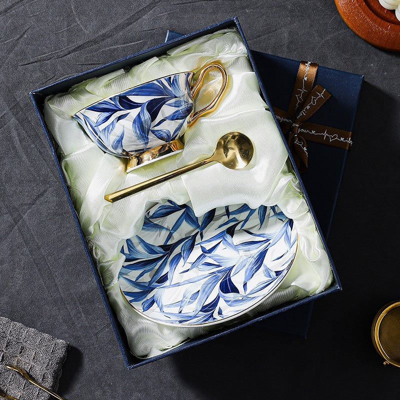 Elegant Blue Bone China Porcelain Tea Cup Set - British Ceramic Coffee Cups with Saucer in Gift Box - Perfect for Afternoon Tea, Bridal Shower & Home Decor