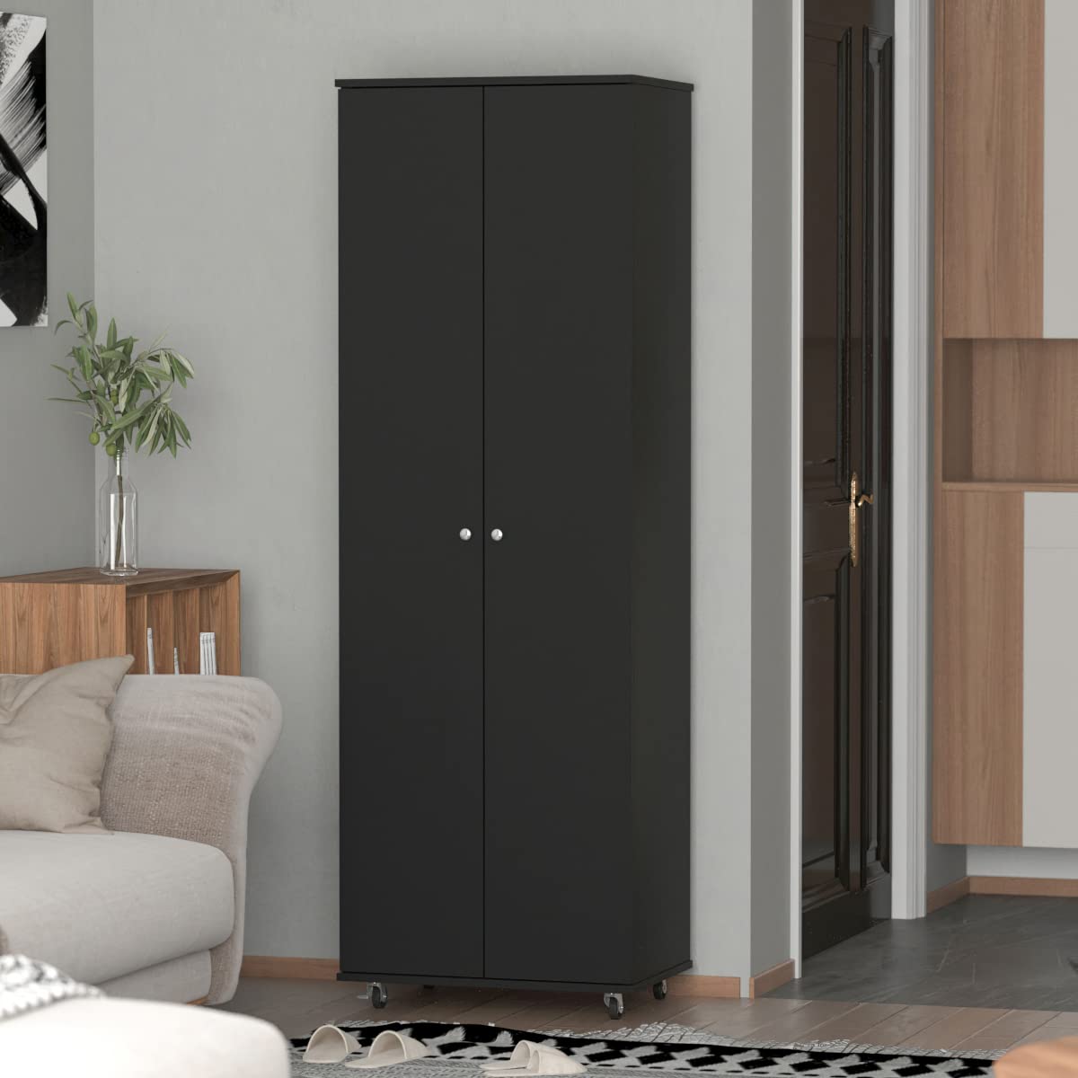 AIEGLE 8-Tier Tall Shoe Rack with Doors & Wheels - Wooden Entryway Shoe Cabinet Organizer, Black (23.6