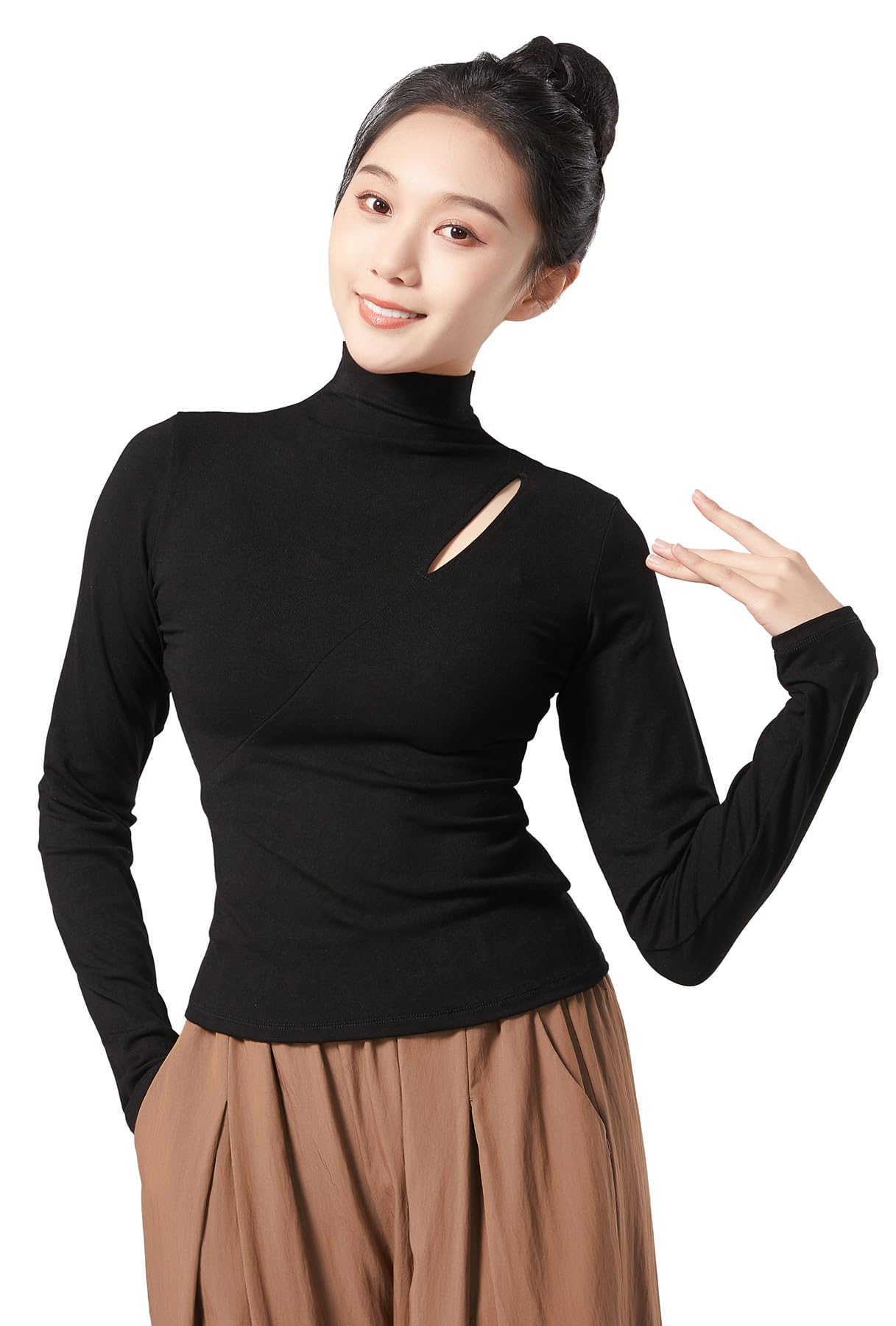 Angcoco Women's Elegant Mock Neck Long Sleeve Blouse - Stretchy Dance Top for Yoga, Ballet & Workout | Comfortable Practice Wear for Studio & Performance
