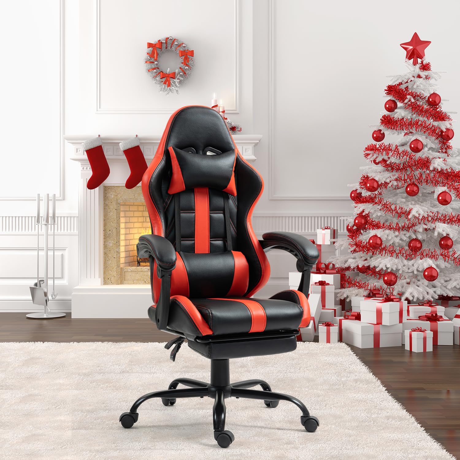 ECOTOUGE Ergonomic Massage Gaming Chair with Footrest - Adjustable High Back Office Desk Chair with Headrest & Lumbar Support, 360° Swivel - Perfect for PC Gaming, Home Office & Relaxation (Red)