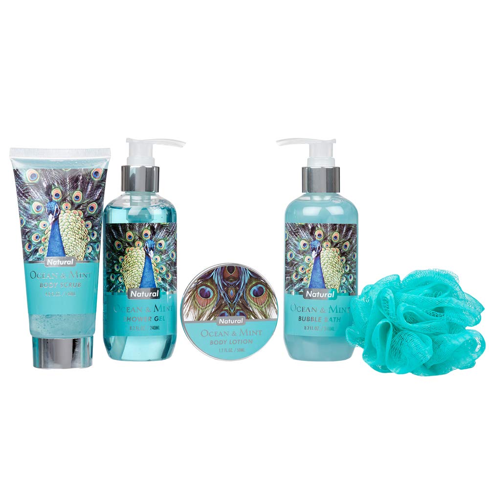 5-Piece Ocean Mint Peacock Gift Set for Body & Bath - Includes Body Lotion, Shower Gel, Bubble Bath, Body Scrub & Bath Puff | Spa Day, Relaxation, Self-Care & Luxury Gift Idea