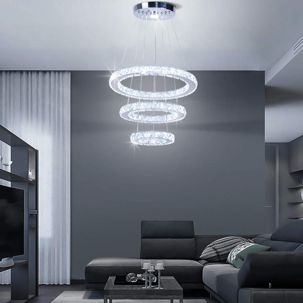 Modern 3-Tier Crystal LED Chandelier - Adjustable Round Pendant Light Fixture with Stainless Steel Frame for Dining Room, Bedroom & Living Room | Energy Efficient Cool White Lighting for Home Decor & Special Occasions