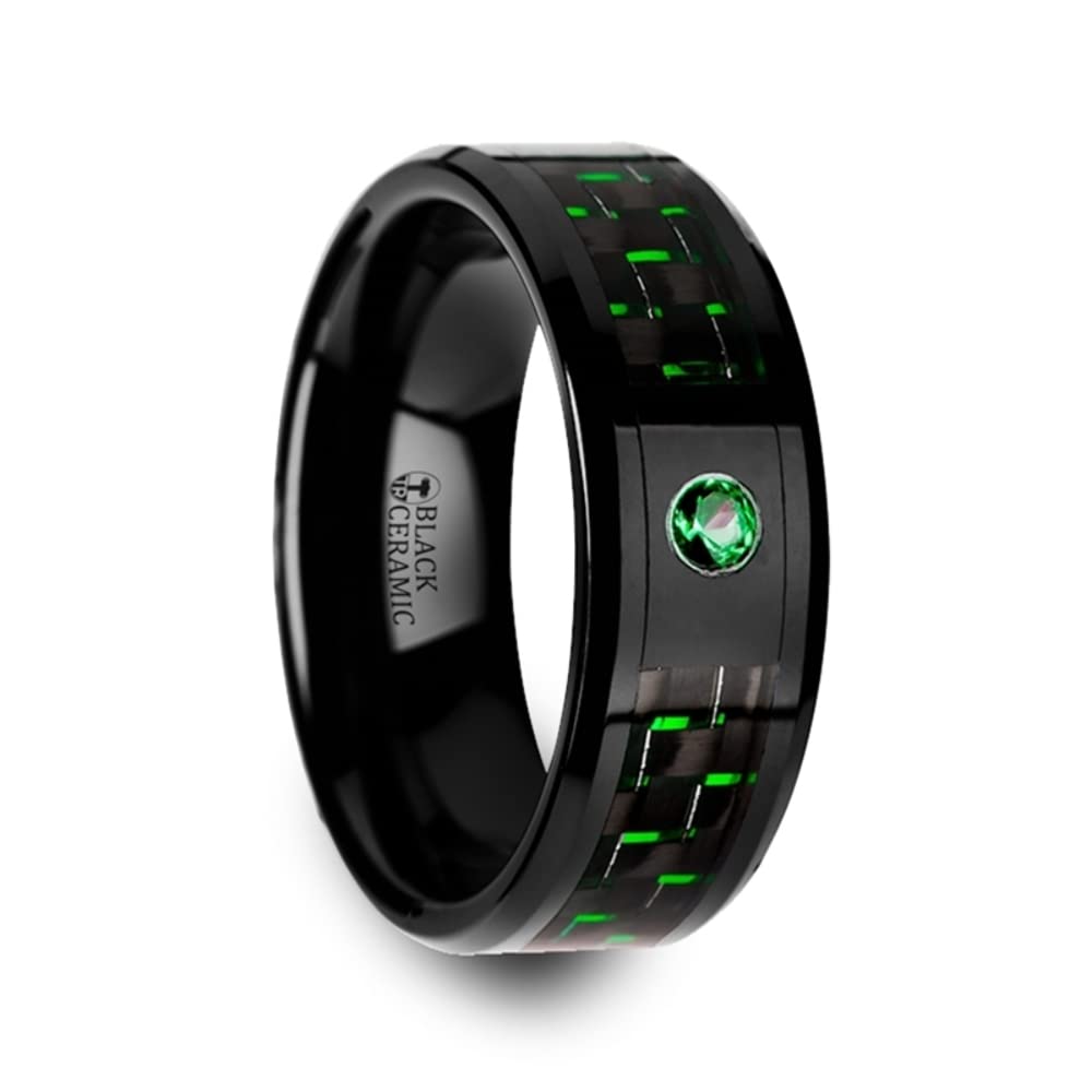 Roy Rose Jewelry Men's Black Ceramic & Green Carbon Fiber Wedding Ring with Emerald Setting - Polished Comfort Fit Band (8mm Wide) - Perfect for Engagement, Anniversary & Everyday Wear - Style HADAR