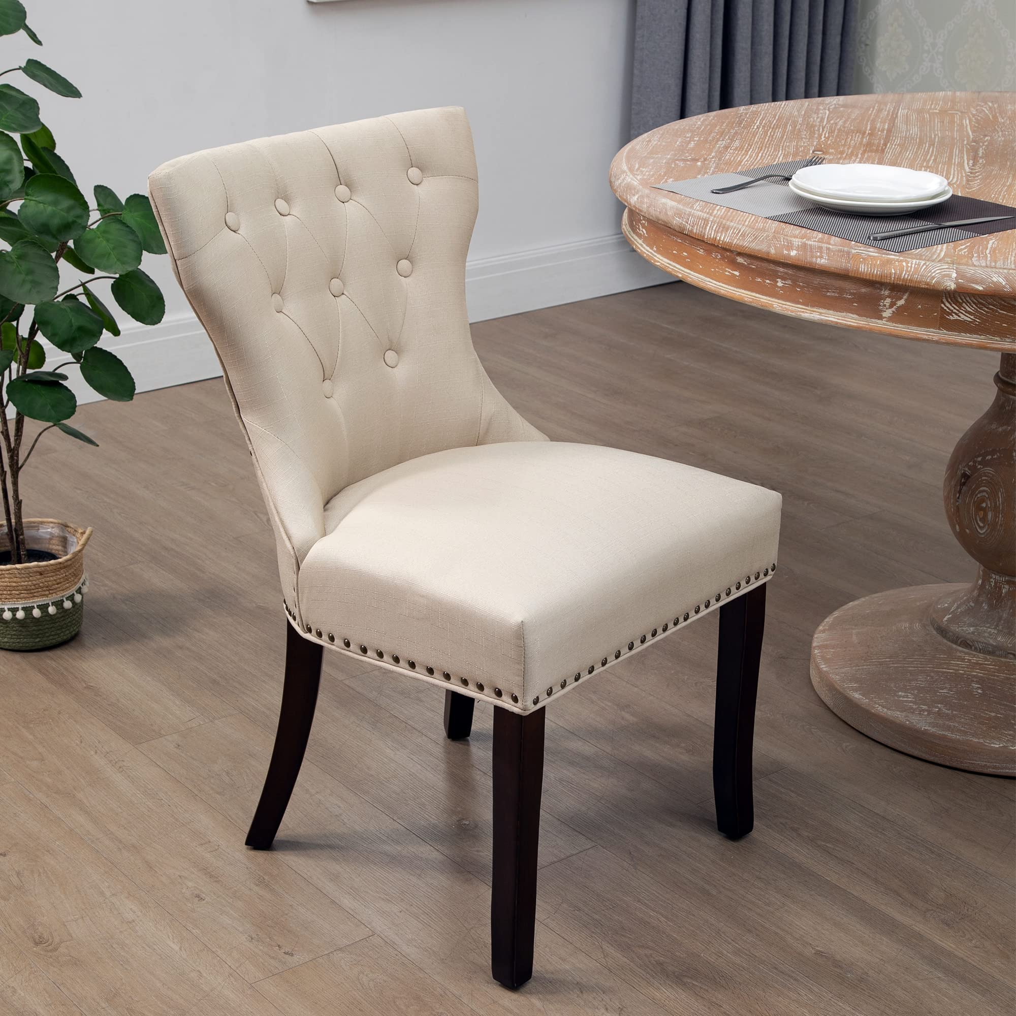 DAGONHIL Fabric Dining Chairs Set of 2 - Tufted Upholstered Solid Wood Accent Chairs with Nail Heads & Buttons for Dining Room & Living Room - Beige - Perfect for Home, Office, and Restaurant Decor