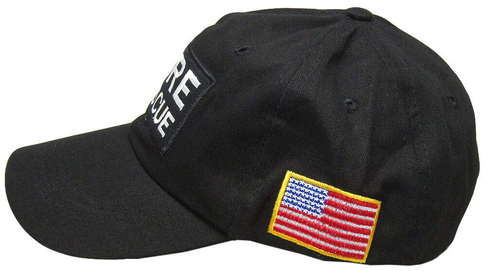 Trade Winds Fire Rescue Embroidered Baseball Cap with USA Flag Patch - Black Firefighter Hat for First Responders, EMS, and Fire Department Personnel