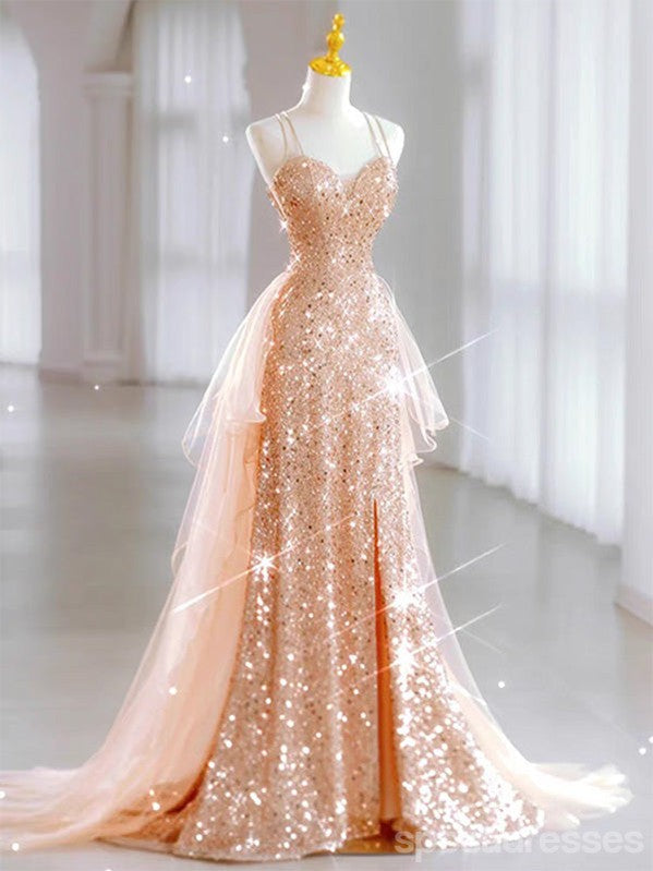 Elegant Rose Gold Spaghetti Strap Maxi Long Prom Dress for Women - Perfect for Evening Parties, Formal Events & Special Occasions