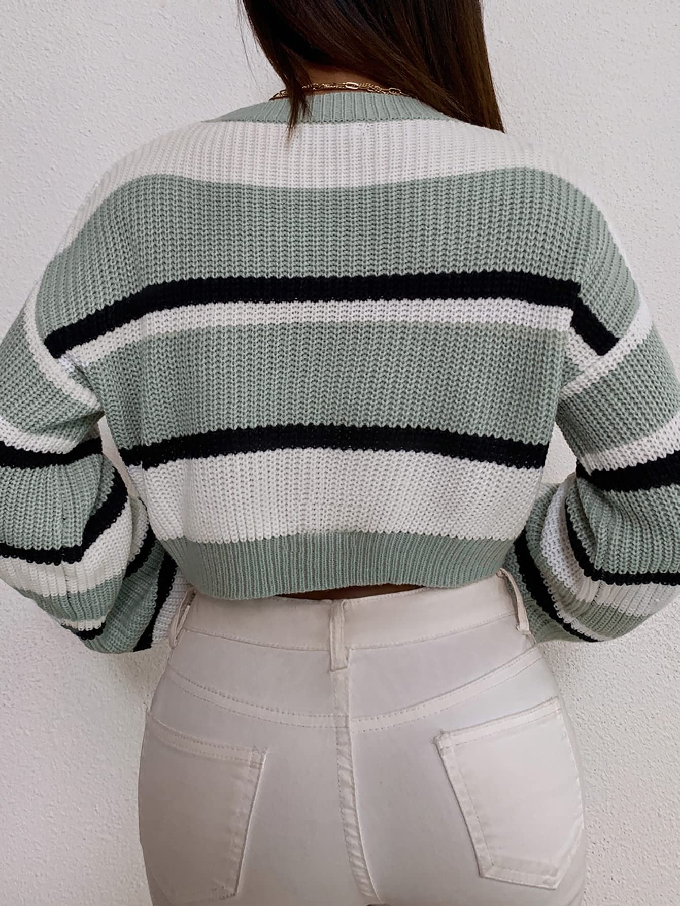 ZAFUL Women's Color Block Striped Sweater - Crew Neck Lantern Sleeve Cropped Knit Top | Casual Loose Fit Pullover for Fall & Winter | Perfect for Office, Dating & Weekend Outfits