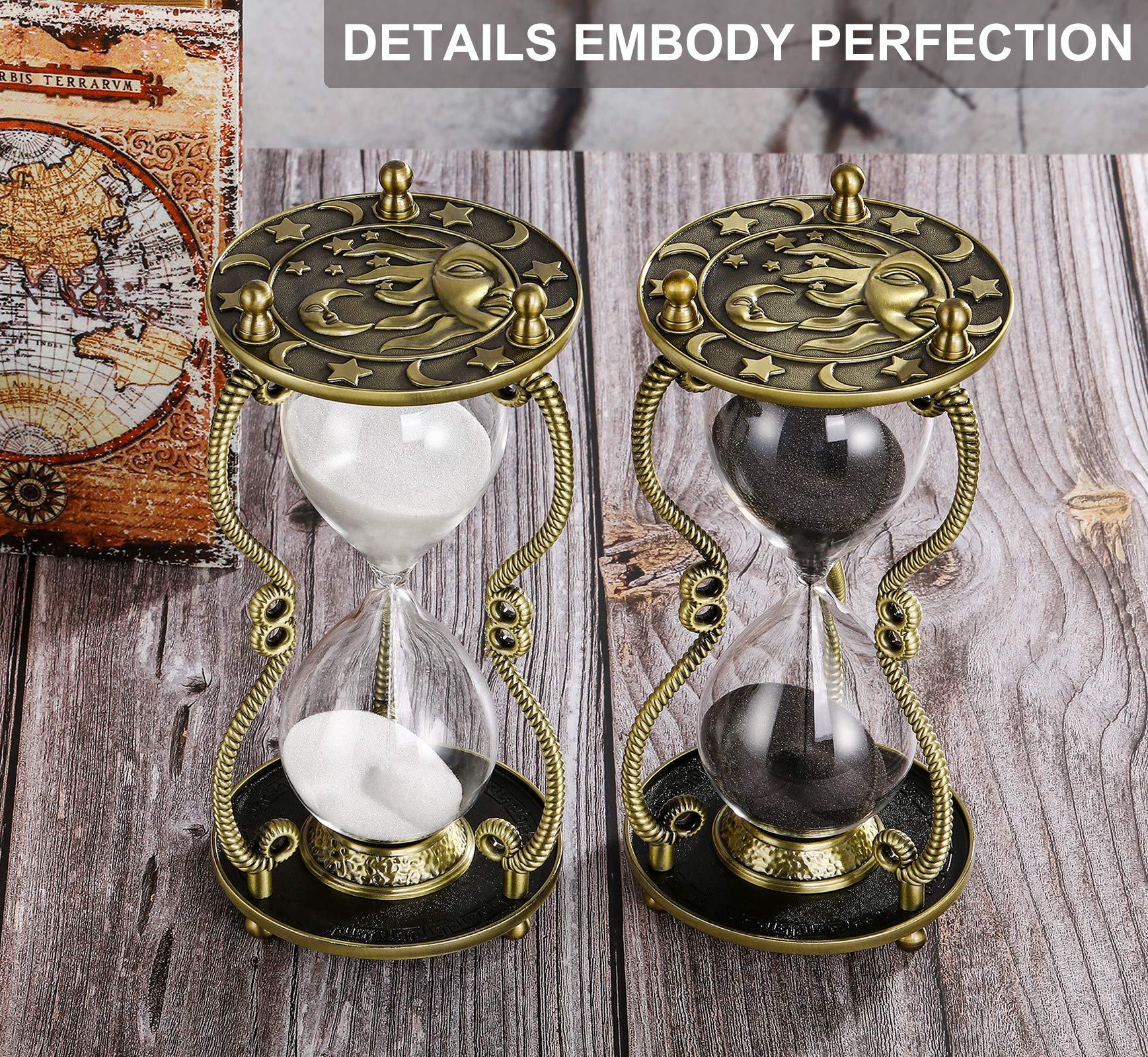 60 Minute Sun and Moon Engraved Brass Sand Timer - Antique Metal Hourglass with White Sand - Large 1 Hour Glass for Office Desk Decor, Meditation Timer, Yoga Studio, Classroom Tool & Unique Gift Idea