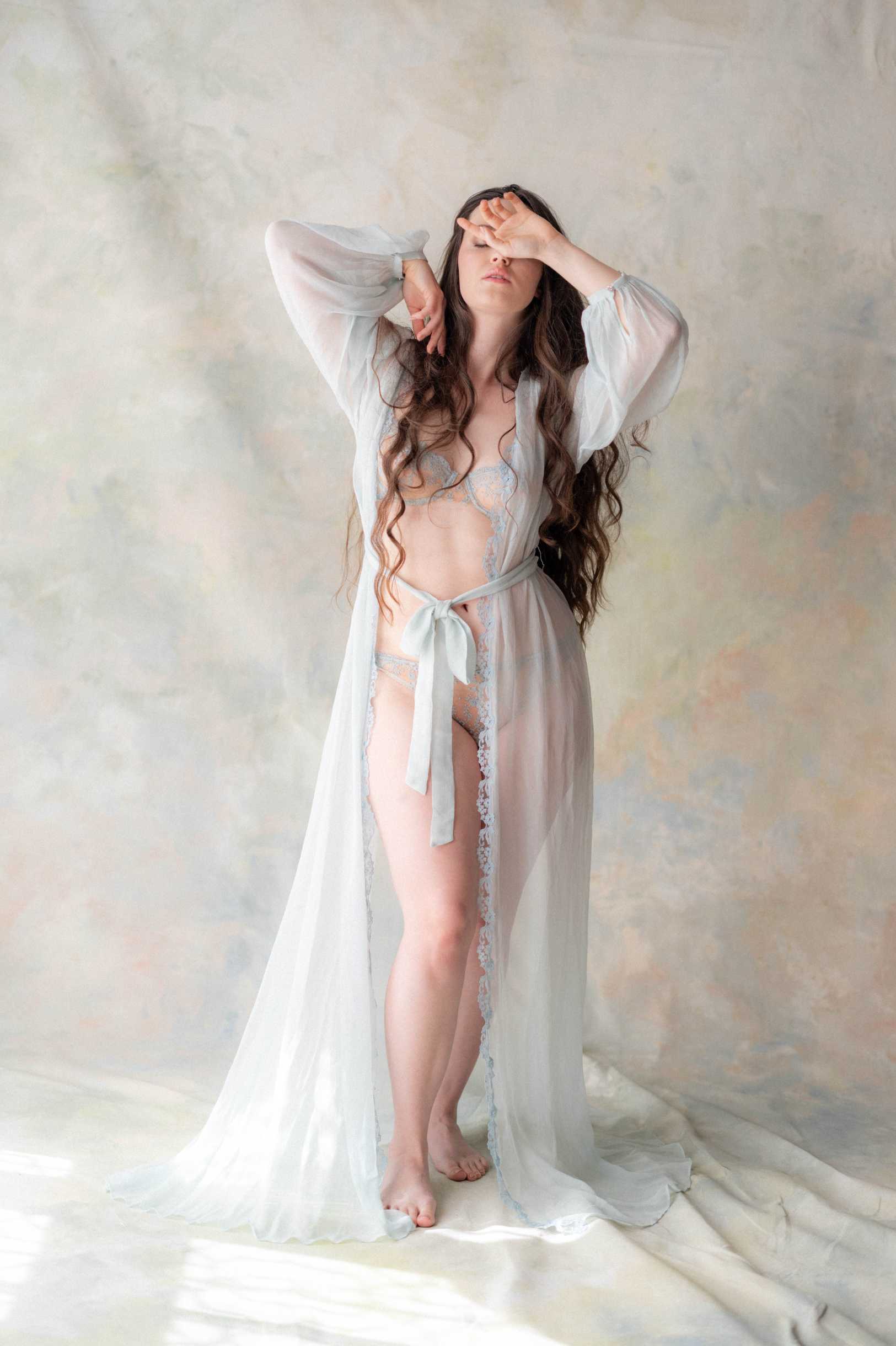 Elegant Primavera Silk Chiffon & French Lace Embroidered Bridal Robe - Perfect for Wedding Morning, Bridal Shower & Honeymoon Getaway