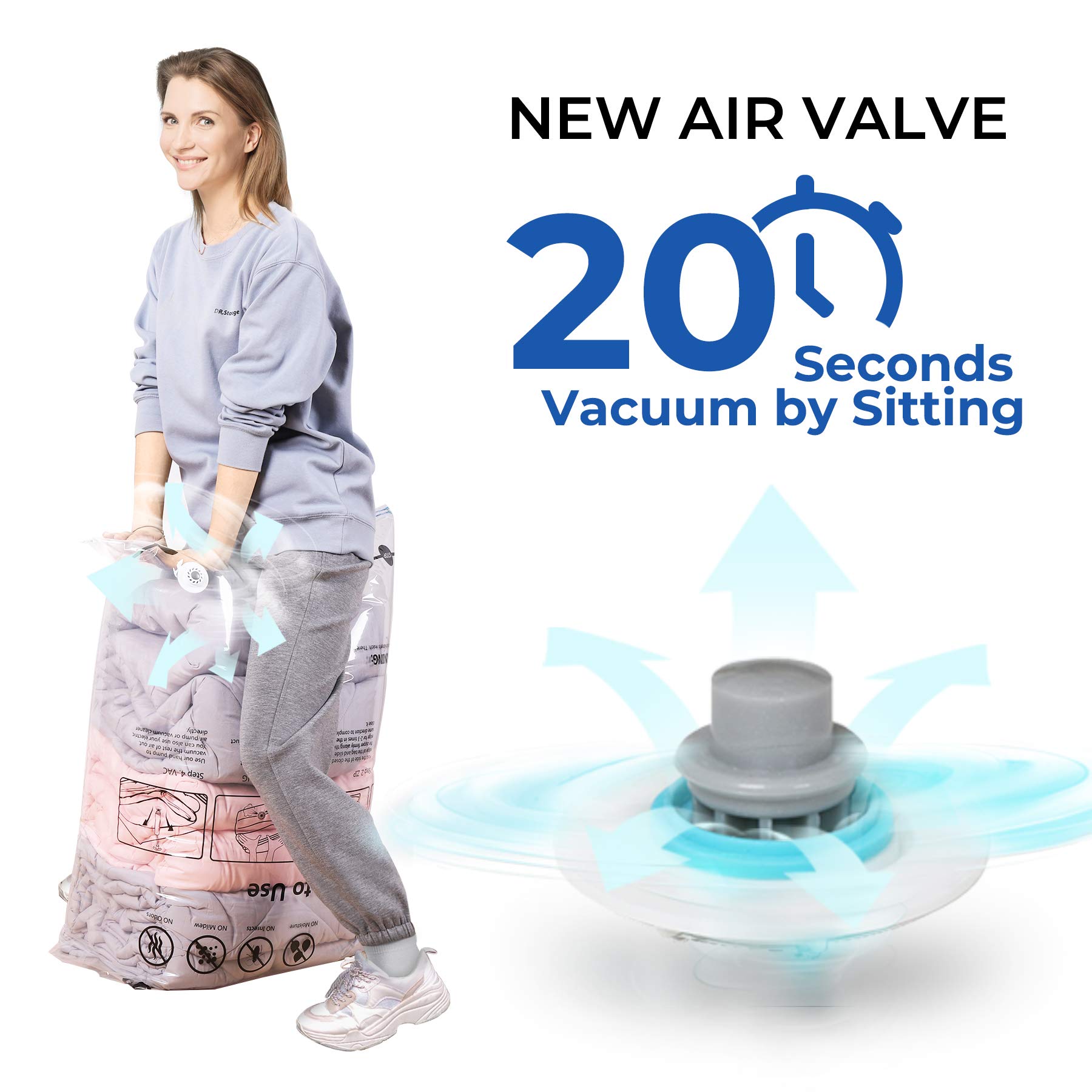 Vacuum Storage Bags for Clothes, Pillows, Blankets - Space Saving Compression Bags with Double-Zip Seal, No Pump Needed (White) - Perfect for Travel, Seasonal Storage & Moving