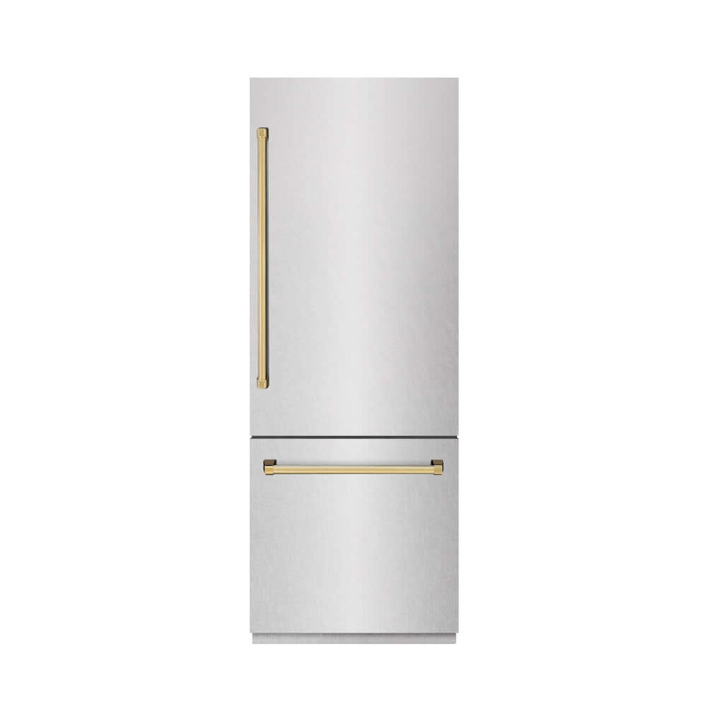 ZLINE Autograph Edition 30 Inch Built-In Bottom Freezer Refrigerator - 16.1 cu ft Capacity, Water Dispenser & Ice Maker - Satin Stainless Steel with Graphite Gray Interior & Polished Gold Accents (GRBIVZ SN 30 G) - Perfect for Modern Kitchens, Open Concept Homes & Luxury Appliances Collection