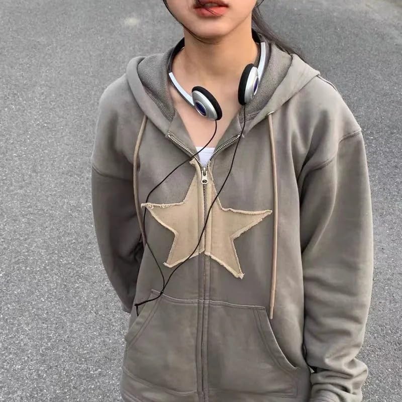 Star Graphic Women's Drop Shoulder Hoodies | Acubi Punk Zipper Sweatshirts | Preppy Grunge Long Sleeve Pullover | Y2K Fashion for Streetwear & Casual Outfits