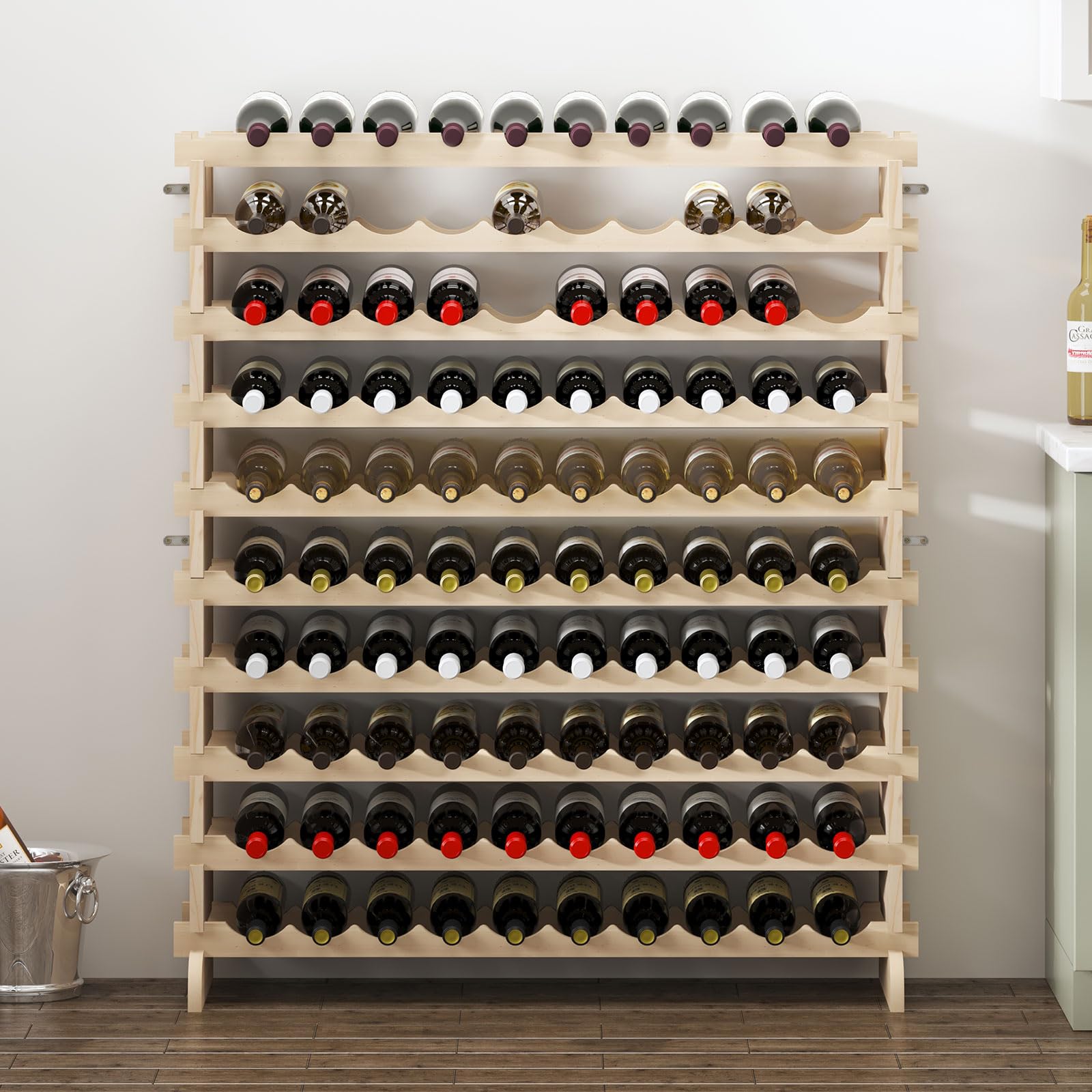 DlandHome 10-Tier Stackable Wine Rack - 100 Bottle Capacity Freestanding Modular Wine Storage Shelf - Natural Wood Wine Bottle Organizer for Kitchen, Bar, Dining Room & Wine Cellar - Perfect for Home Entertaining & Wine Collection Display