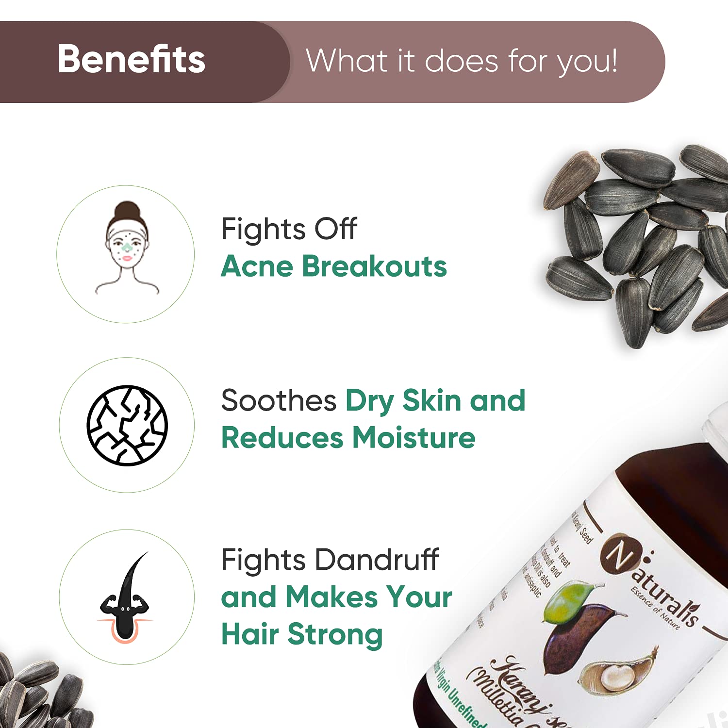 Naturalis Essence of Nature 100% Pure Cold Pressed Karanj Seed Oil for Skin & Hair | Organic Unrefined Virgin Face & Body Oil | Moisturizing, Cooling & Refreshing Care | Perfect for Dry Skin, Acne Treatment & Massage Therapy - 100ml