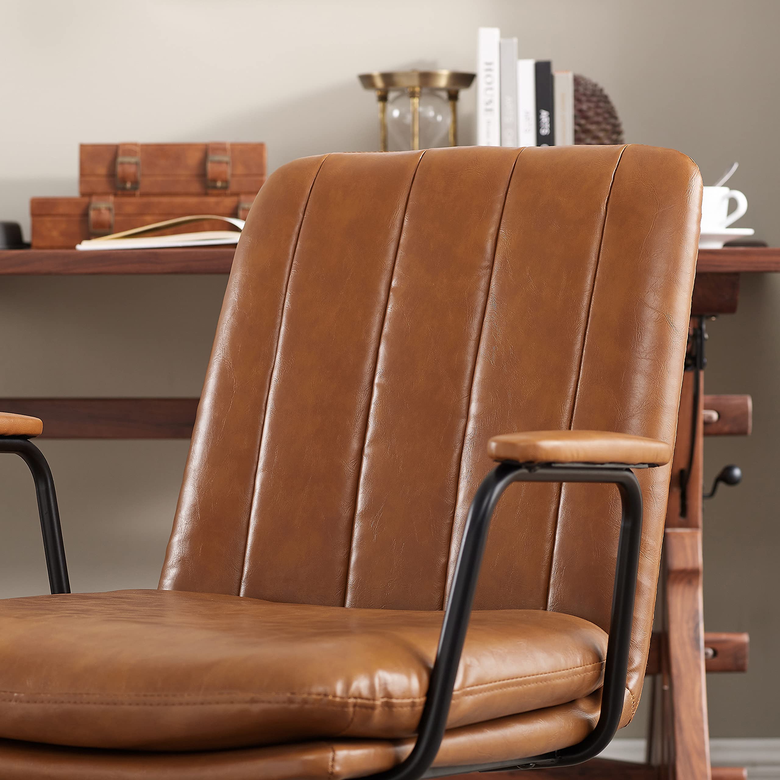 Art Leon Mid Century Modern Swivel Desk Chair Set of 2 - Oak Wood Legs & Faux Leather Upholstery, No Wheels Office Chair for Home, Bedroom or Living Room - Yellow Brown | Perfect for Small Spaces, Reading Nooks & Cozy Workstations