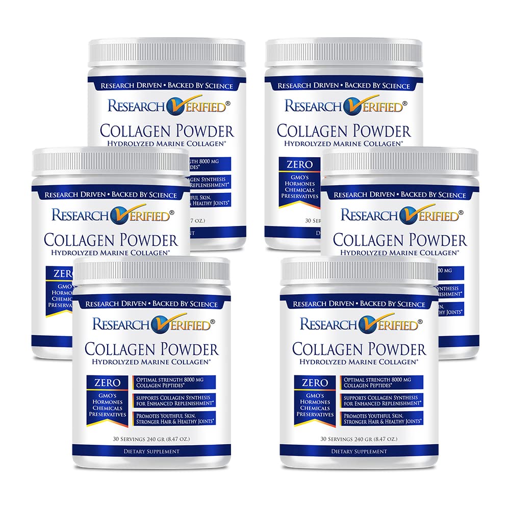 Research Verified® Hydrolyzed Marine Collagen Powder - Unflavored | Supports Skin Hydration, Elasticity & Muscle Recovery | Non-GMO, 30 Servings (6 Month Supply) | Perfect for Smoothies, Coffee & Post-Workout Recovery