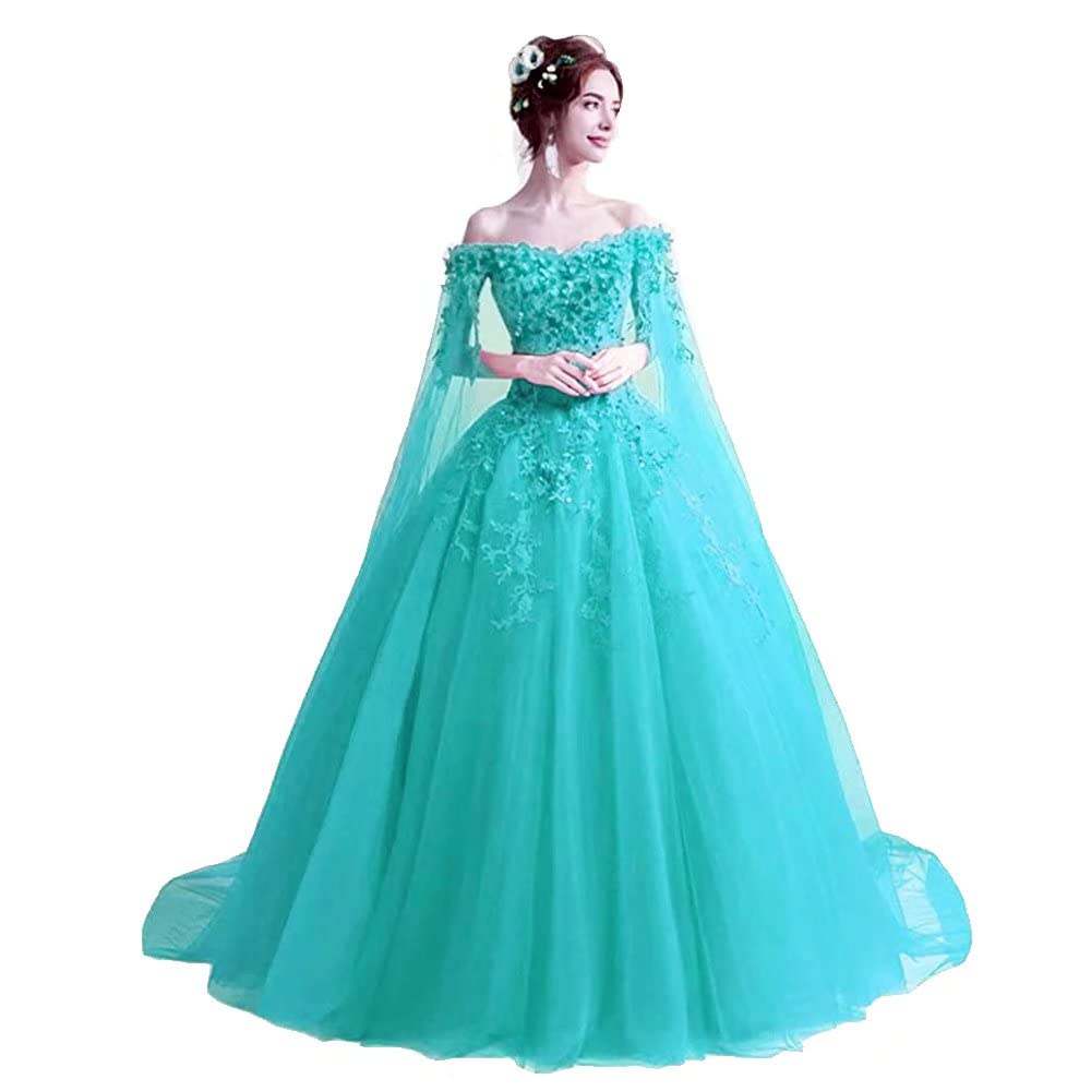 DKBridal Women's Off Shoulder Quinceanera Dress with 3D Flowers - Sweet 15/16 Ball Gown Wedding Dress with Cape for Prom, Homecoming, and Special Occasions