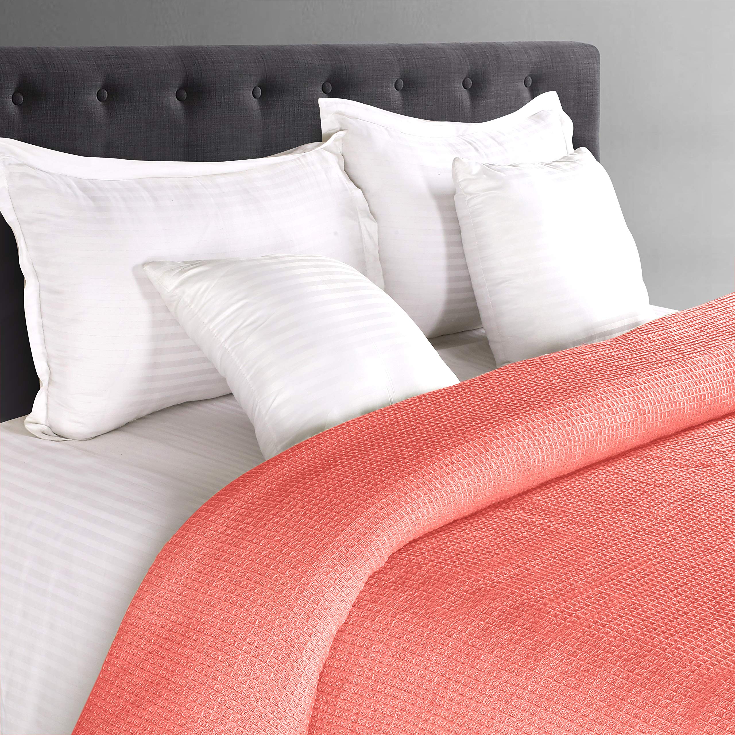 GLAMBURG 100% Cotton Thermal Blanket - Queen Size Waffle Weave Bed Blanket for All Seasons | Soft, Breathable & Cozy Coral Blanket for Bedroom, Couch, Camping & Gift Giving