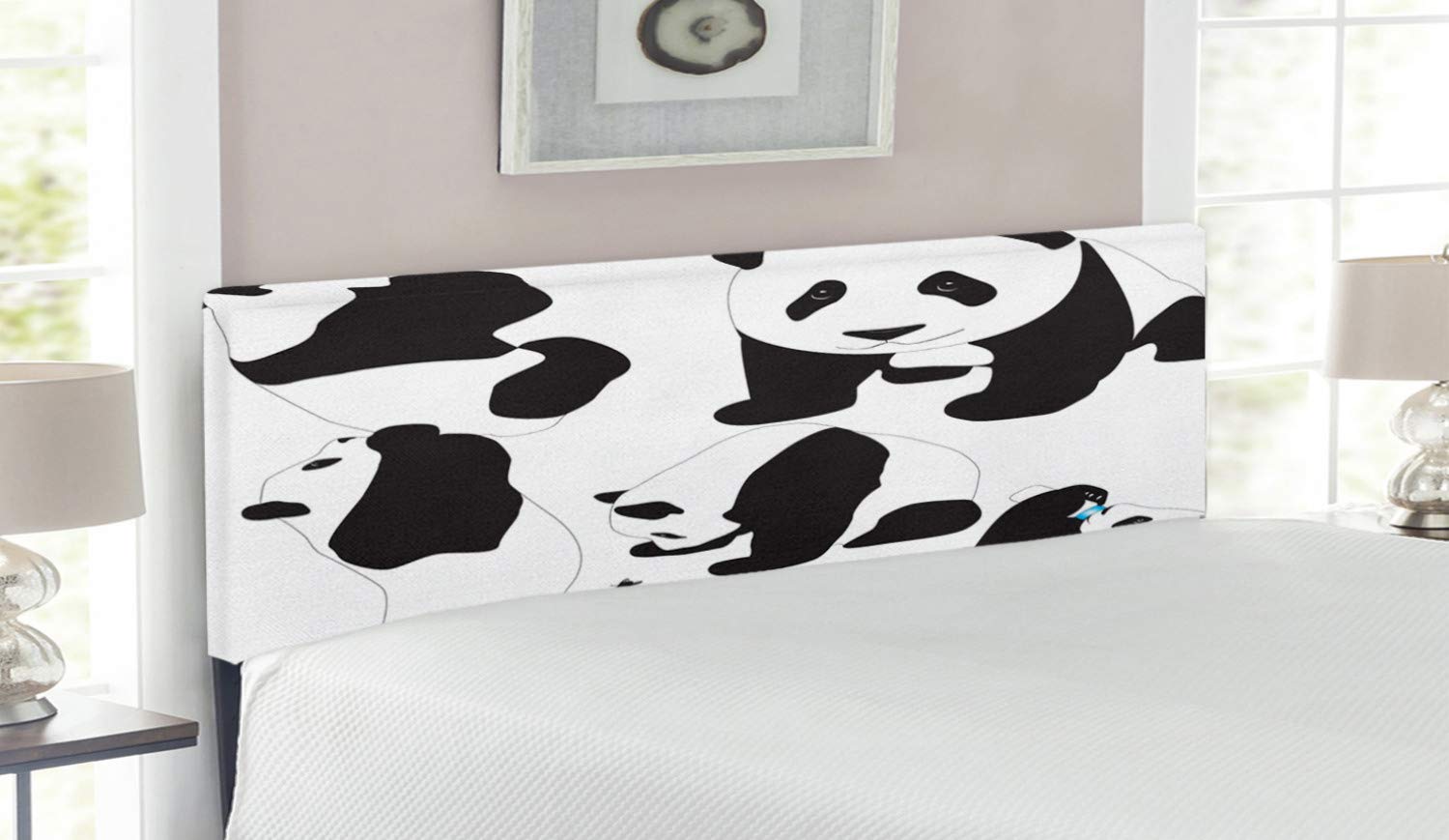 Ambesonne Zoo Upholstered Headboard - Panda & Animal Print Decorative Metal Bed Frame with Memory Foam, Queen Size, Charcoal Grey & White | Perfect for Kids' Room, Nursery, or Animal-Themed Bedroom Decor
