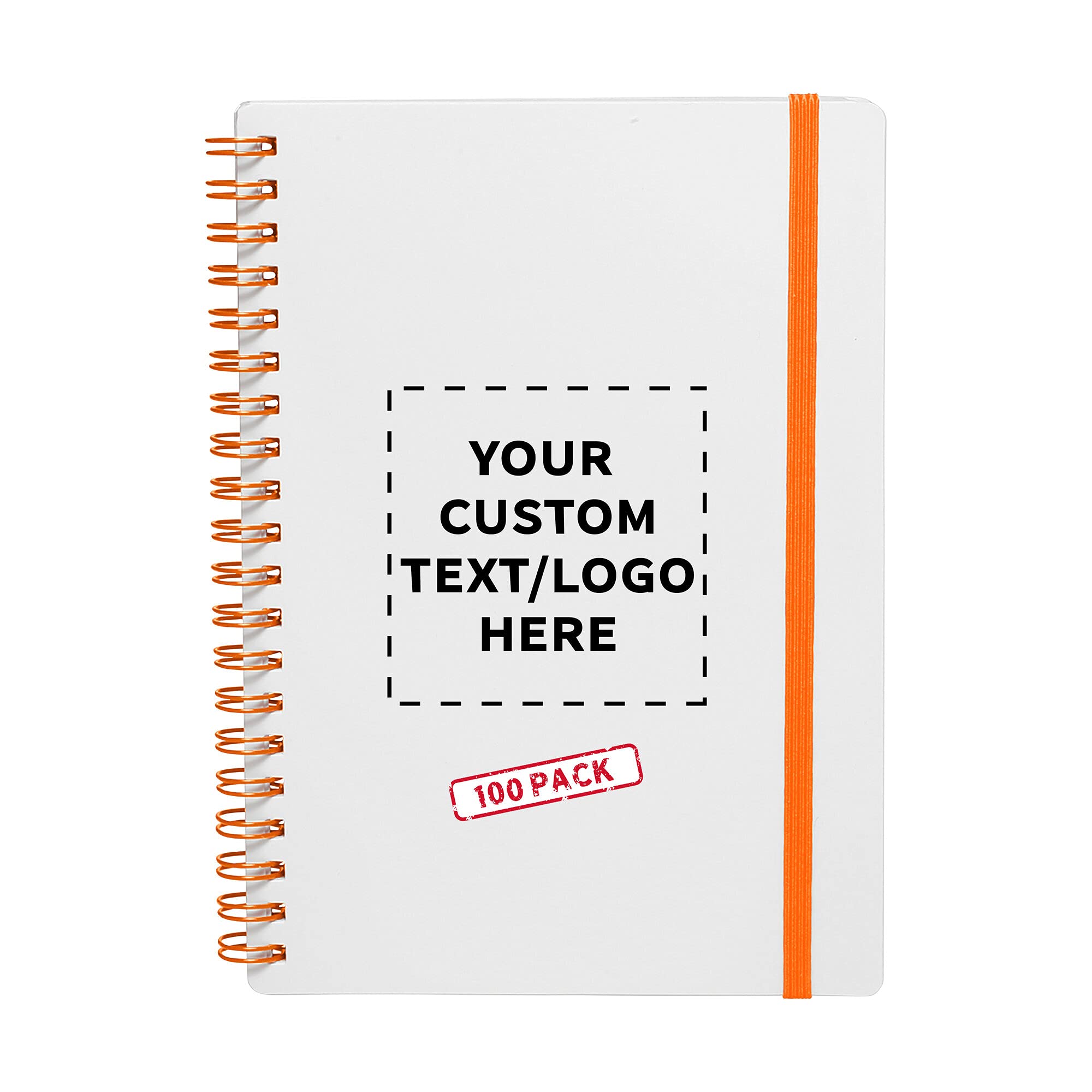 100-Pack White Spiral Notebooks with Elastic Closure - Customizable Text & Logo - 80 Lined Pages, Eco-Friendly Recycled Paper - Orange - Perfect for Office, School & Business Branding Gifts