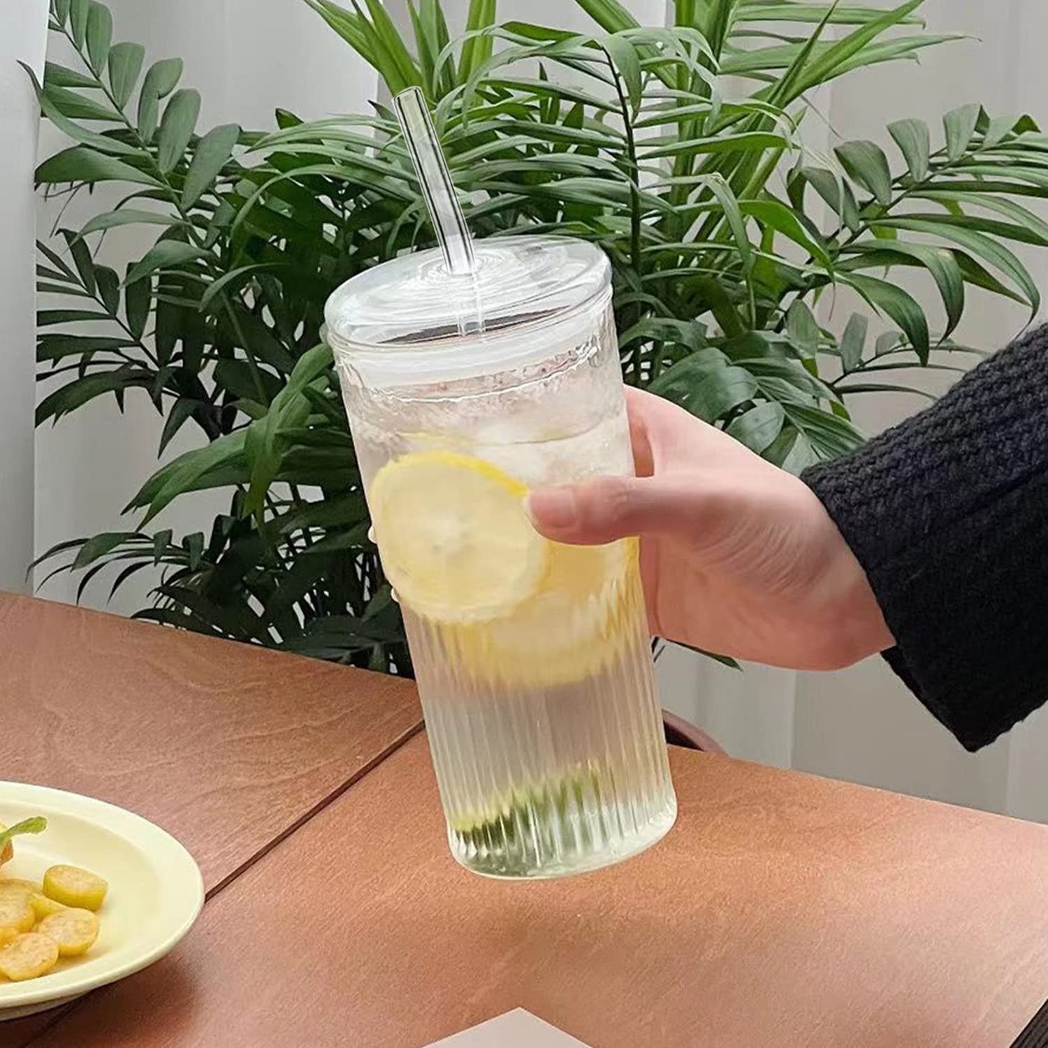 2 Packs 20 oz Glass Tumbler with Lids and Straws - Reusable Clear Glass Coffee Mug for Hot & Cold Drinks - Insulated Thick Wall Iced Tea Cup - Perfect for Coffee, Tea, Smoothies at Home, Office or Travel