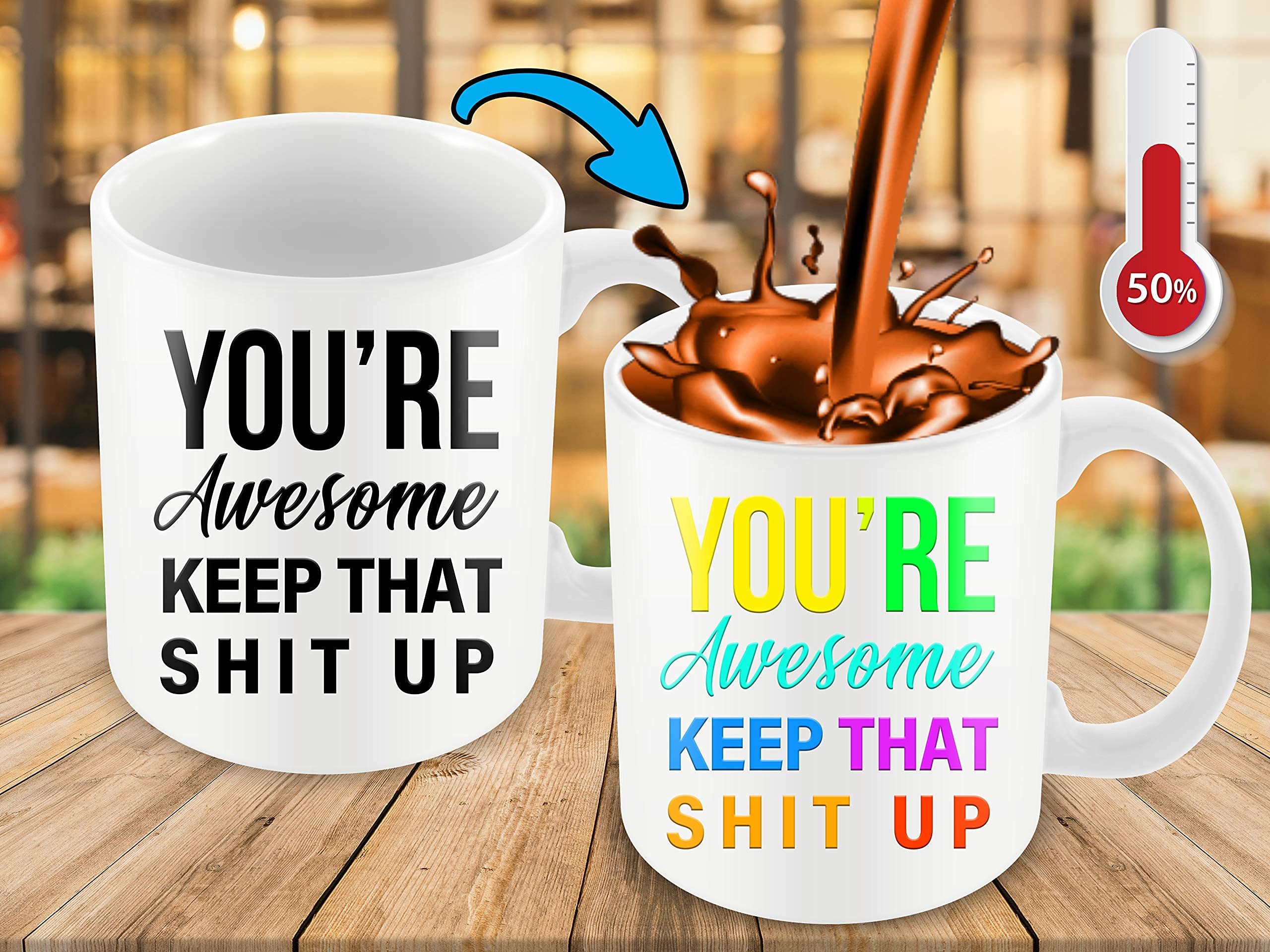 11oz Heat Sensitive Color Changing Coffee Mug - Funny 'You're Awesome Keep That Up' Ceramic Cup - Perfect Gift for Men, Women & Coffee Lovers - White Tea Mug for Office, Home & Gifts