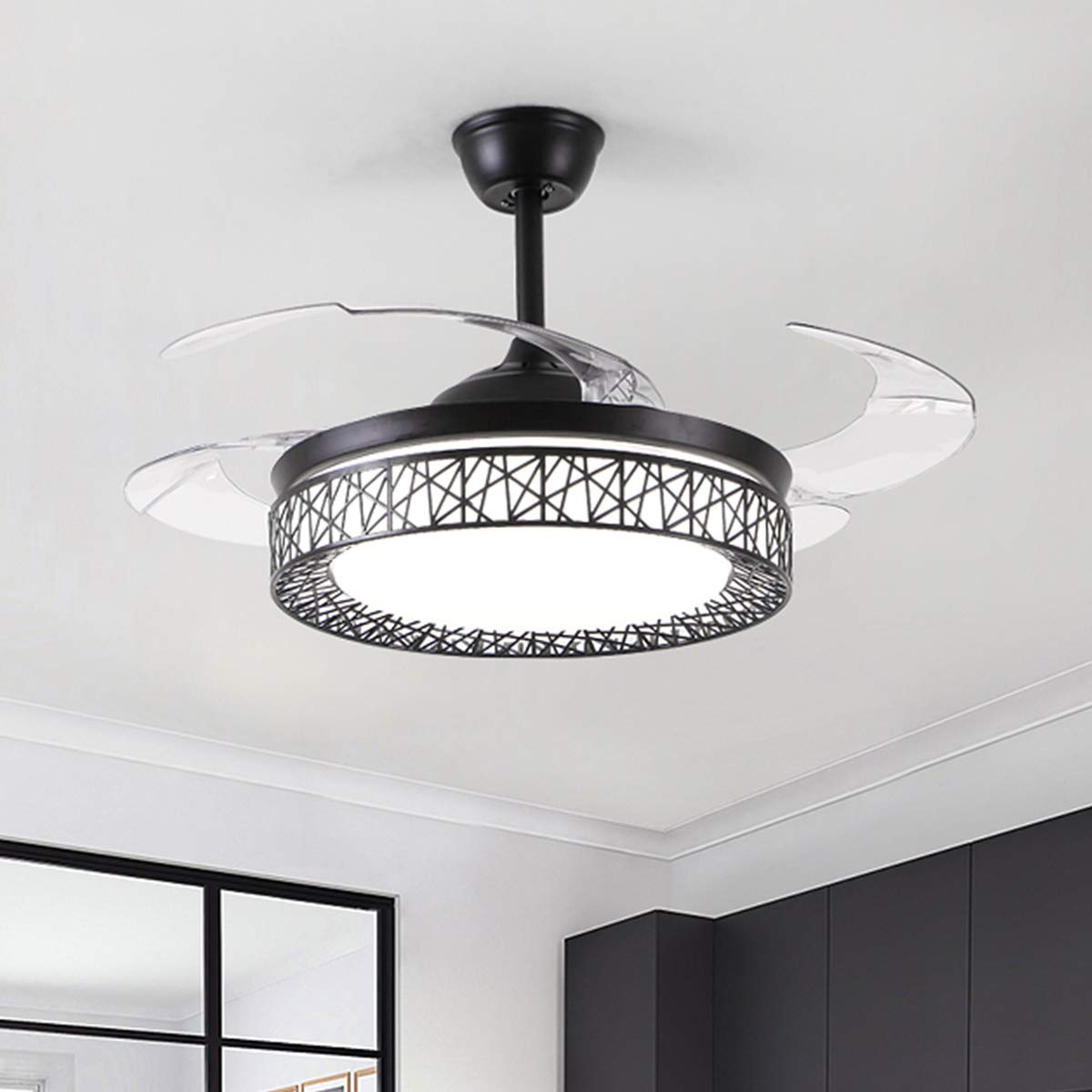 42 Inch Modern Ceiling Fan with Light - Retractable Blades, Dimmable LED, 3 Speeds & Remote Control - Black Invisible Chandelier Fan for Living Room, Bedroom, Dining Room & Office