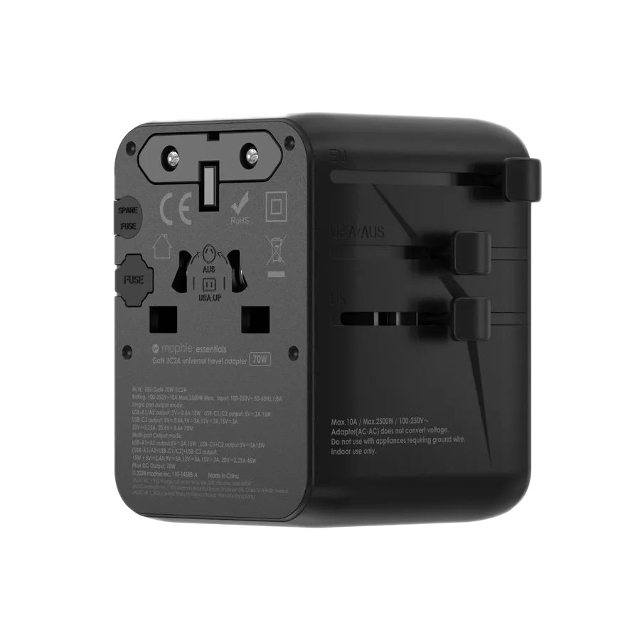 Mophie 70W Essential Travel Adapter - Universal Power Converter with USB-C for Laptops, Phones & Devices - Perfect for International Travel & Business Trips (Black)