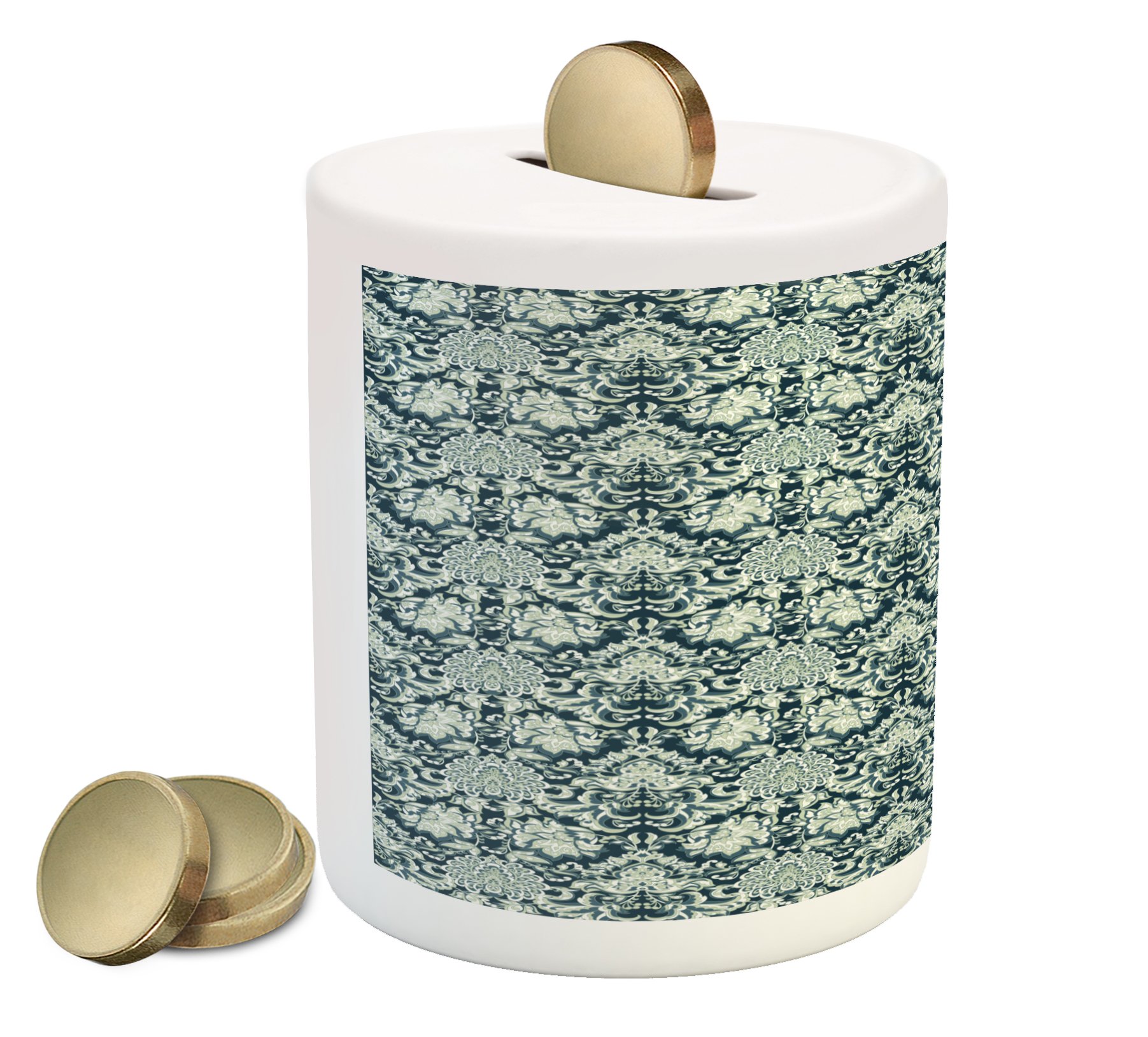 Vintage Ceramic Piggy Bank - Victorian Baroque Foliage Leaves Pattern with Ornamental Swirls, Dark Blue & Sage Green Money Box for Cash Saving | Perfect Gift for Kids, Collectors & Home Decor