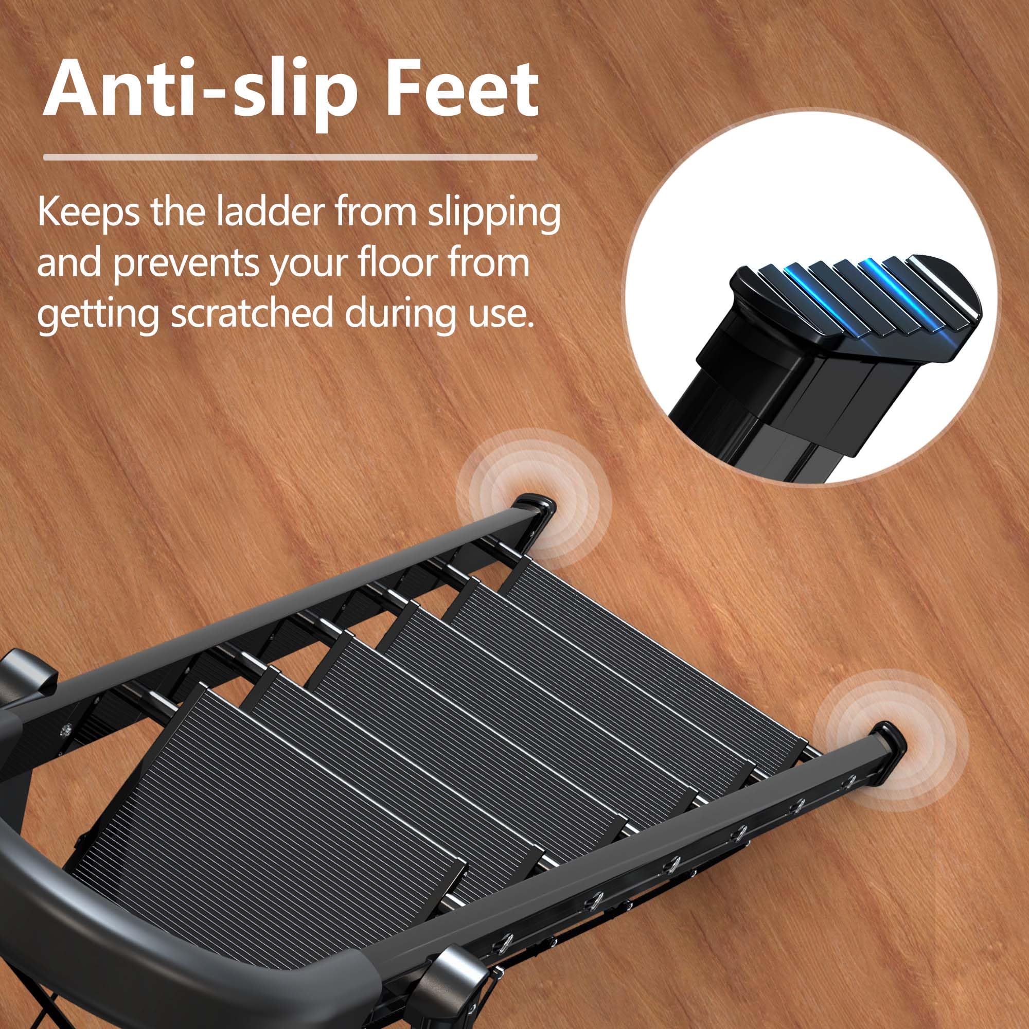 Lightweight Aluminum 6 Step Folding Ladder with Anti-Slip Wide Pedal - Space Saving Step Stool for Home, Kitchen, Garage & Office Use (Black)