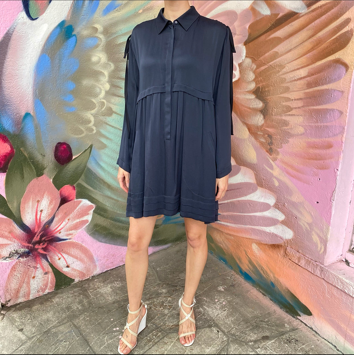Chloe Navy Blue Long Sleeve Empire Waist Midi Dress for Women - Elegant Formal & Office Wear, Wedding Guest Outfit, Holiday Party Dress